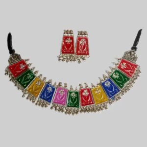 Oxidised Silver, Alloy Multicolor Jewel Set (Pack of 1)