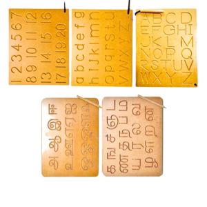 Wooden Tracing Boards Combo – Capital, Small Letters, Numbers & Tamil Alphabets (Set of 5)