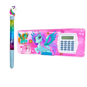 Kids Magnetic Pencil Box with Calculator & Dual Sharpener Flying Unicorn – Free Glitter Pen