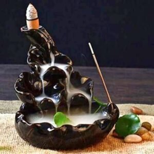 Big Smoke Fountain Backflow Incense Burner with 10 Free Scented Cones – Waterfall Smoke Jharna Holder for Home, Office & Meditation Decor – Black