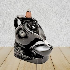 Tea Kettle & Cup Backflow Smoke Fountain Incense Holder with 10 Scented Cones – Polyresin Decorative Burner Showpiece (Black, 10.2×12.5×14 cm)