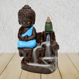 Buddha Monk Backflow Incense Burner with 10 Cones – Ceramic Smoke Waterfall Holder (Blue, Polyresin)
