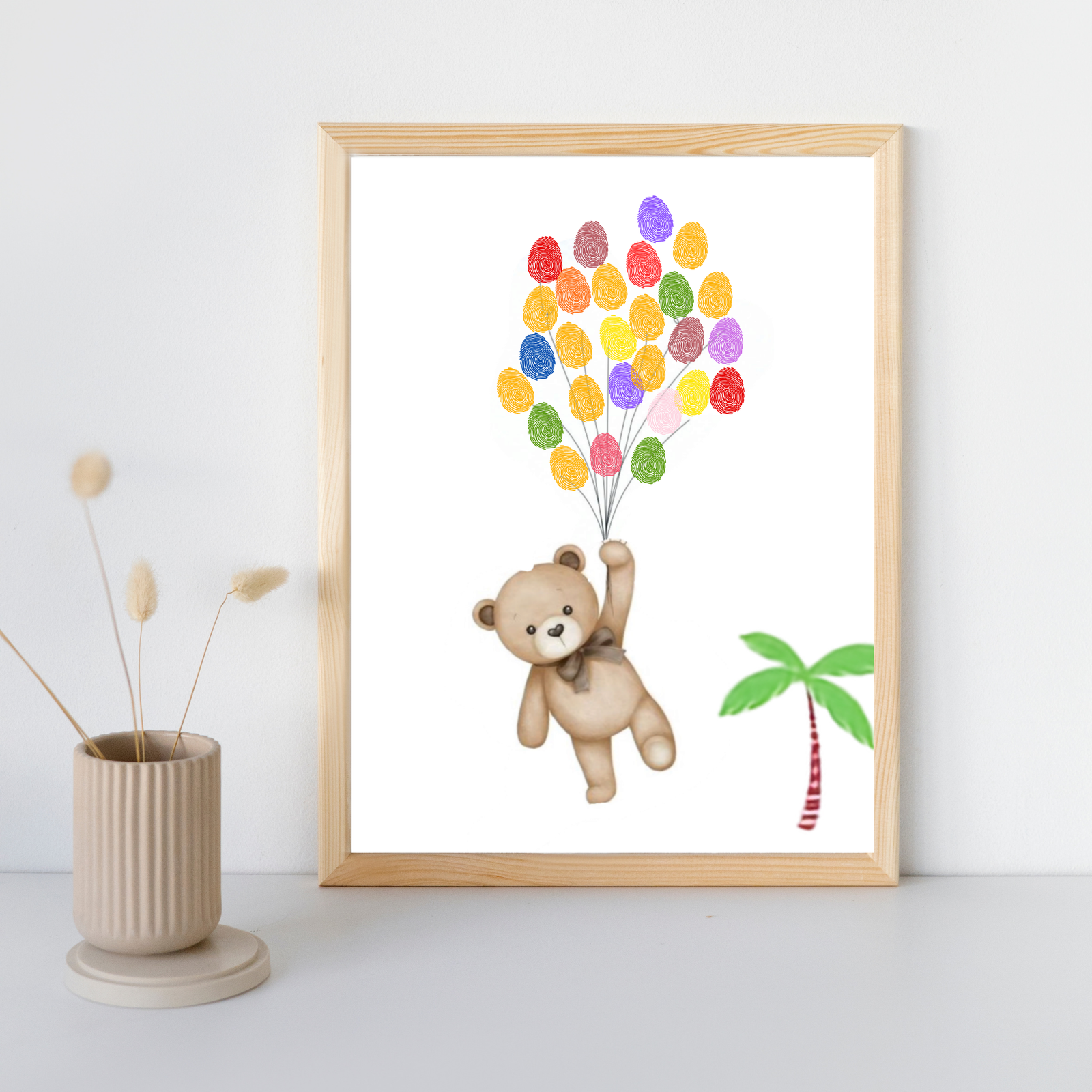 Personalized Teddy Bear with Balloons Thumbprint Art