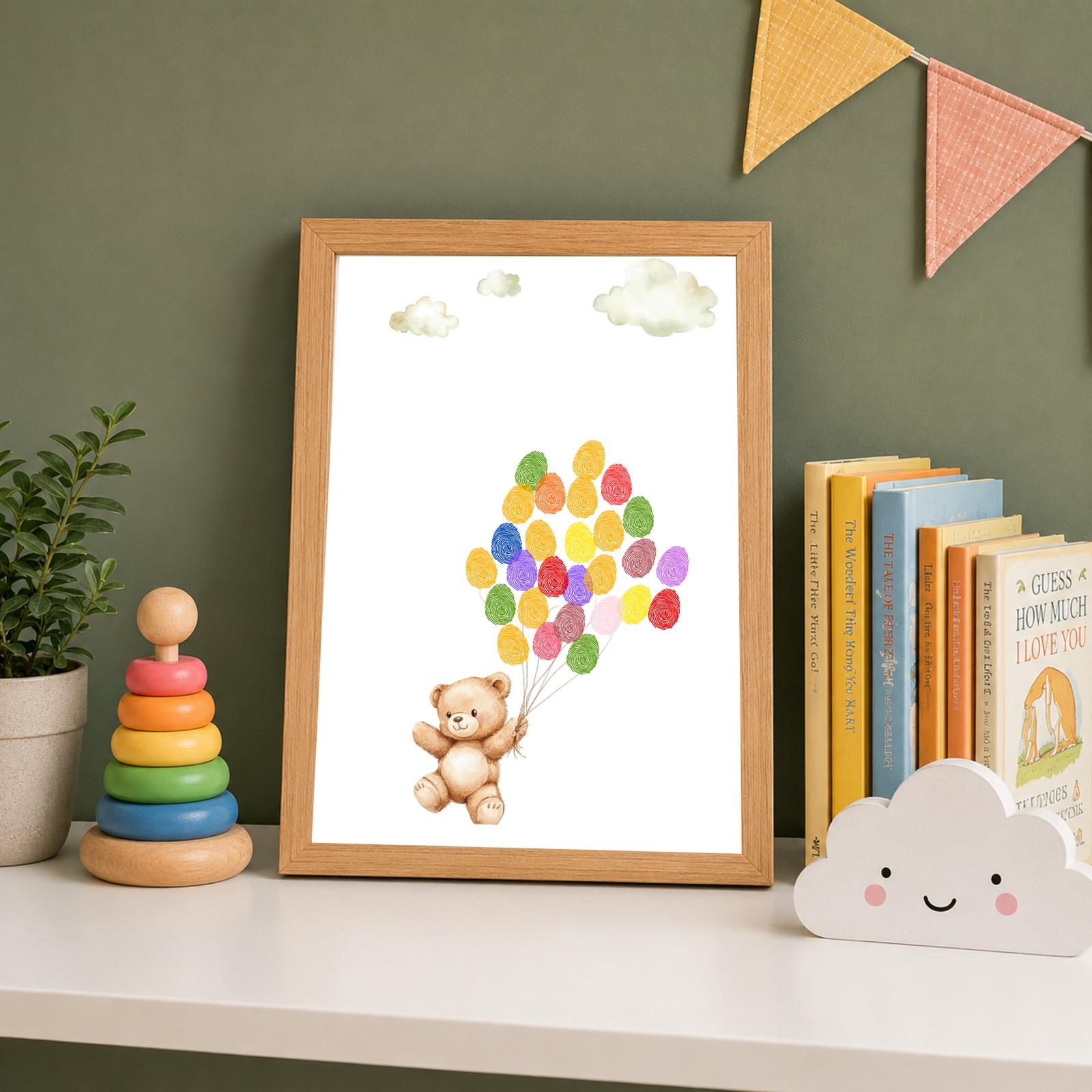 Personalized Teddy Bear with Balloons Thumbprint Art