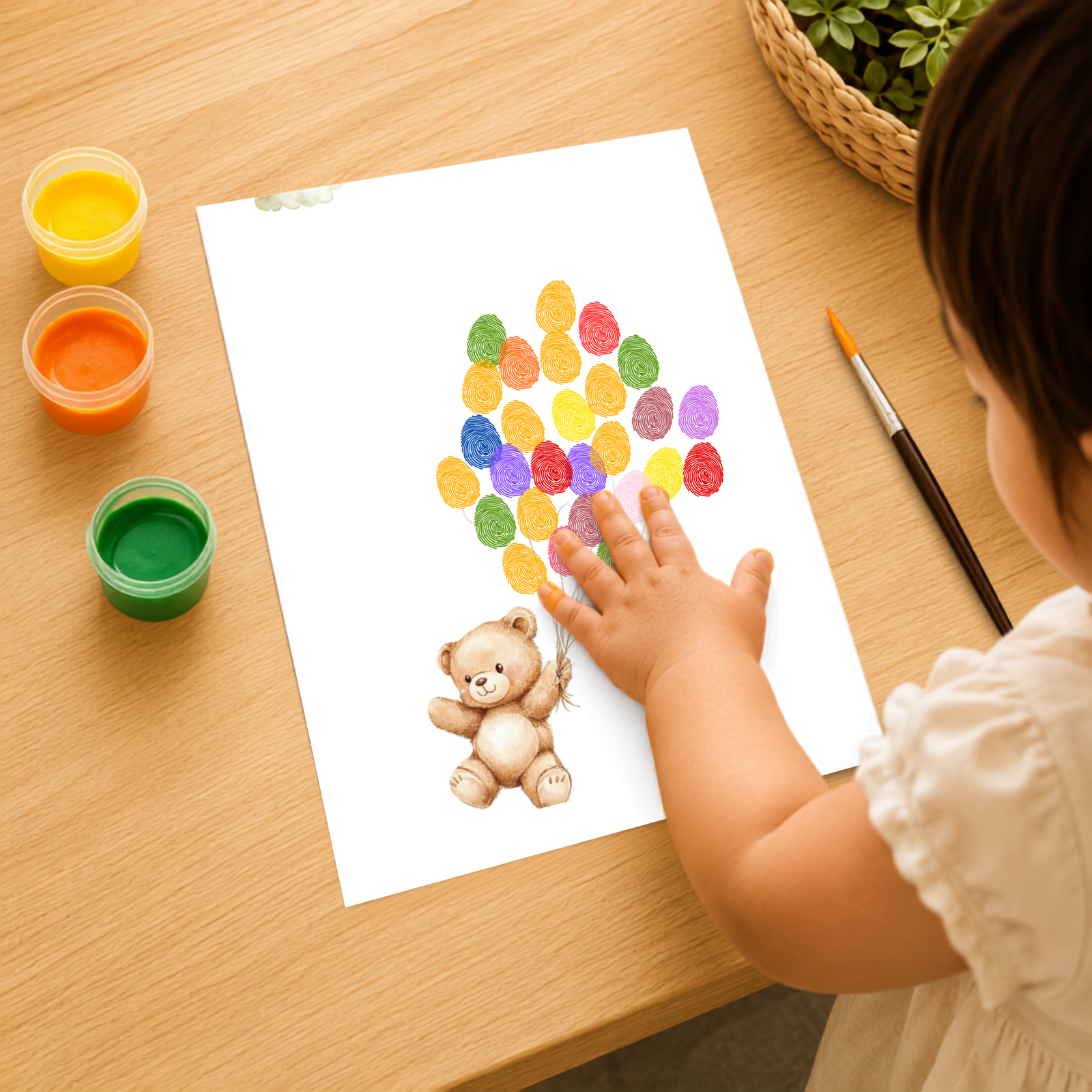 Personalized Cute Little Teddy with Balloons Thumbprint Art
