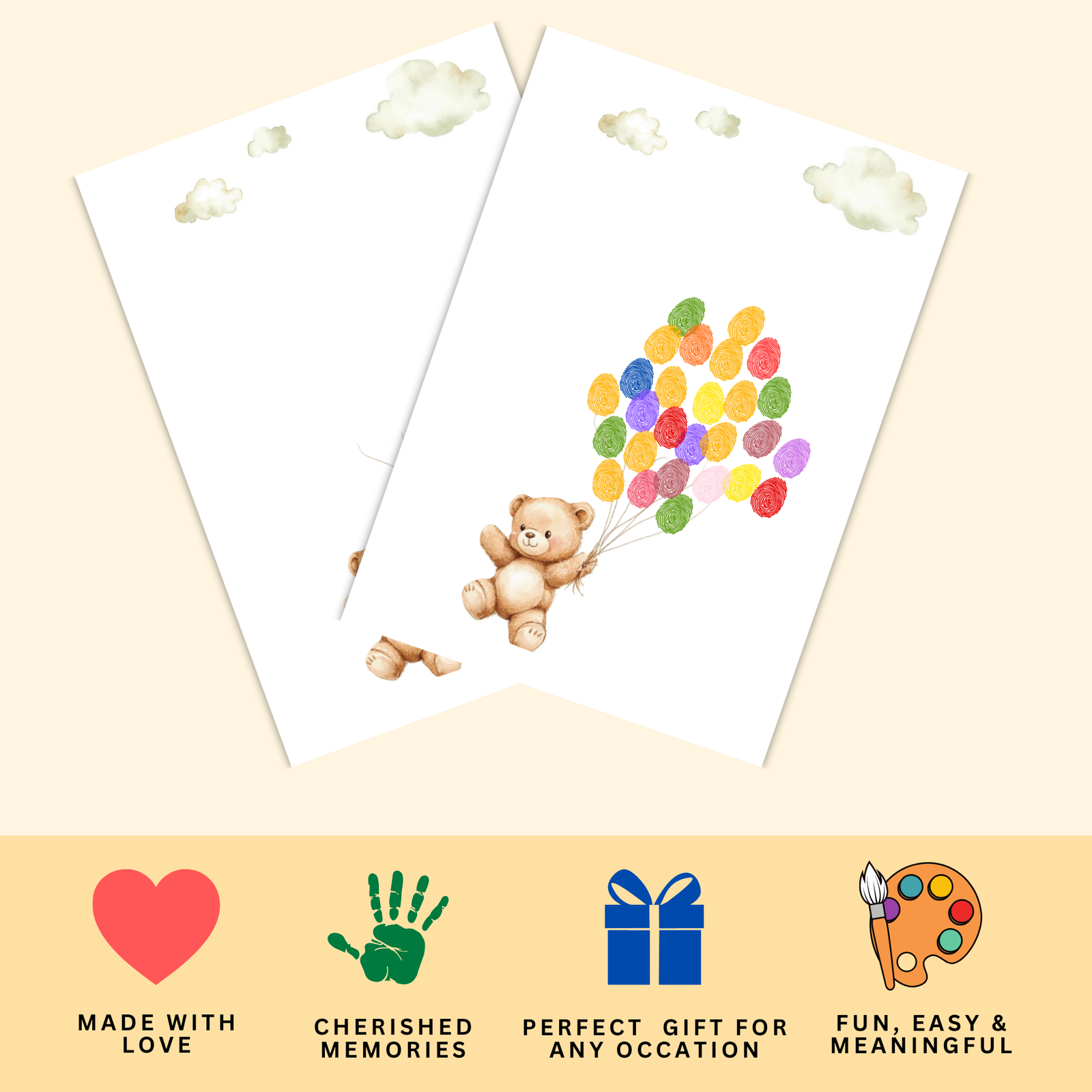 Personalized Cute Little Teddy with Balloons Thumbprint Art