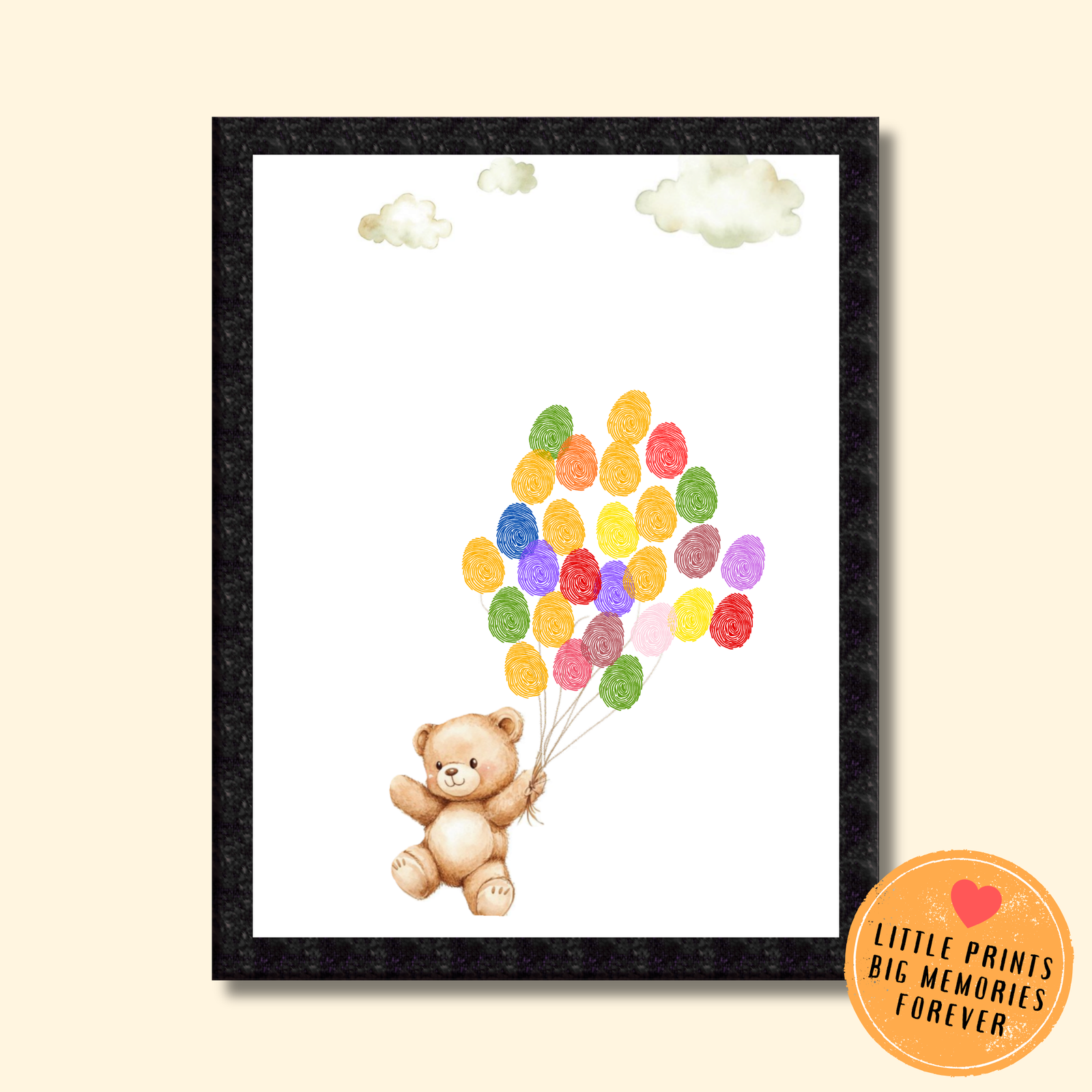 Personalized Cute Little Teddy with Balloons Thumbprint Art