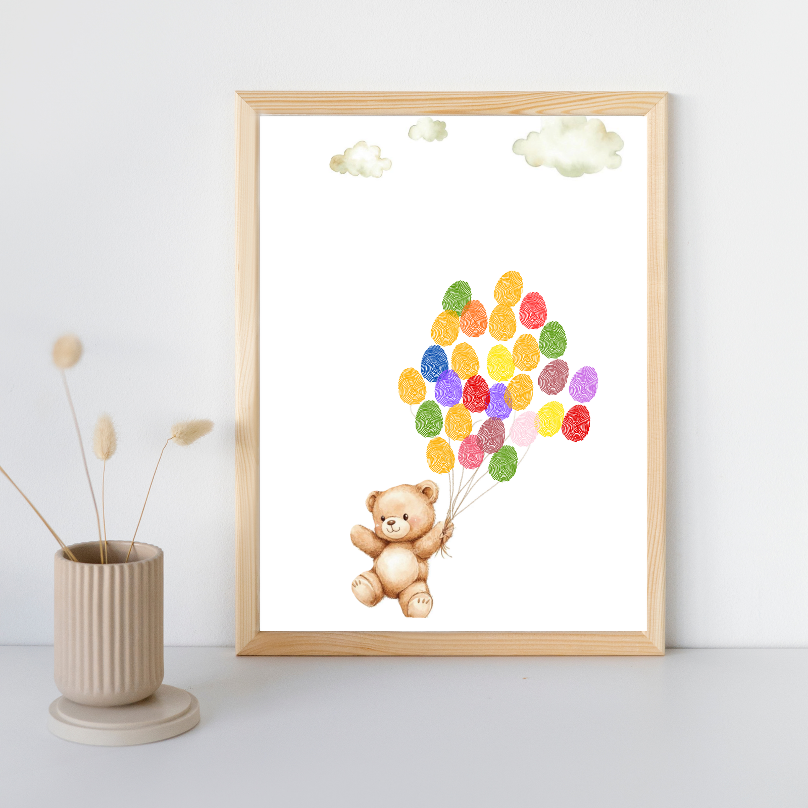 Personalized Cute Little Teddy with Balloons Thumbprint Art