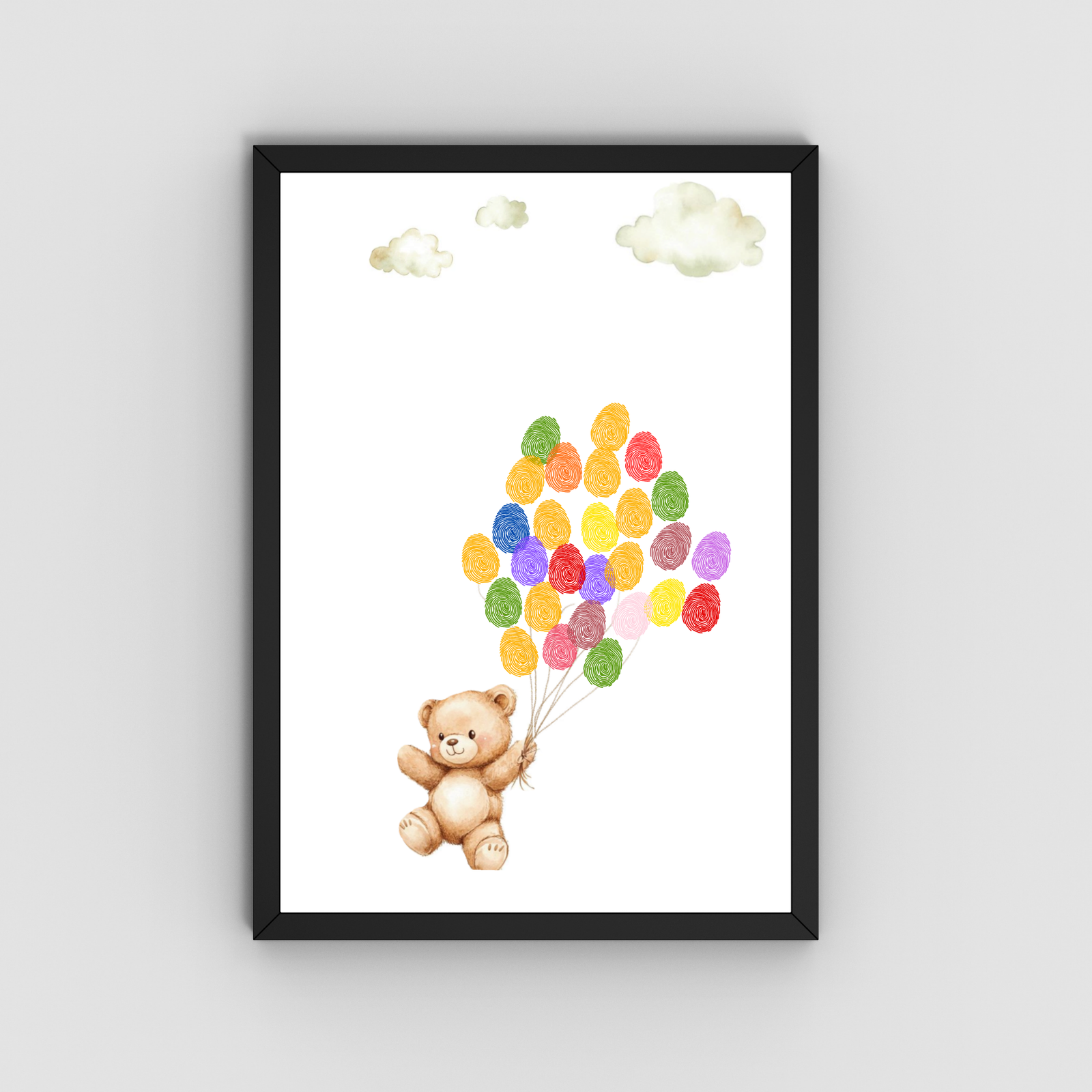 Personalized Cute Little Teddy with Balloons Thumbprint Art