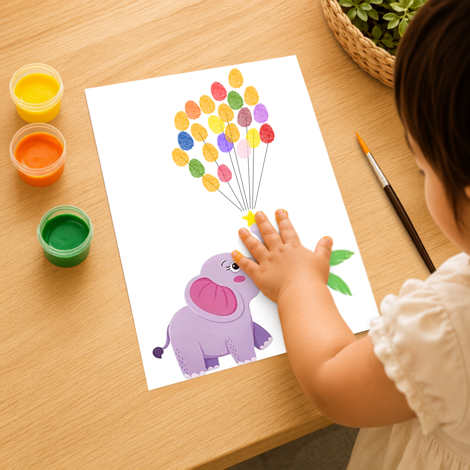 Personalized Jolly Elephant with Balloons Thumbprint Art