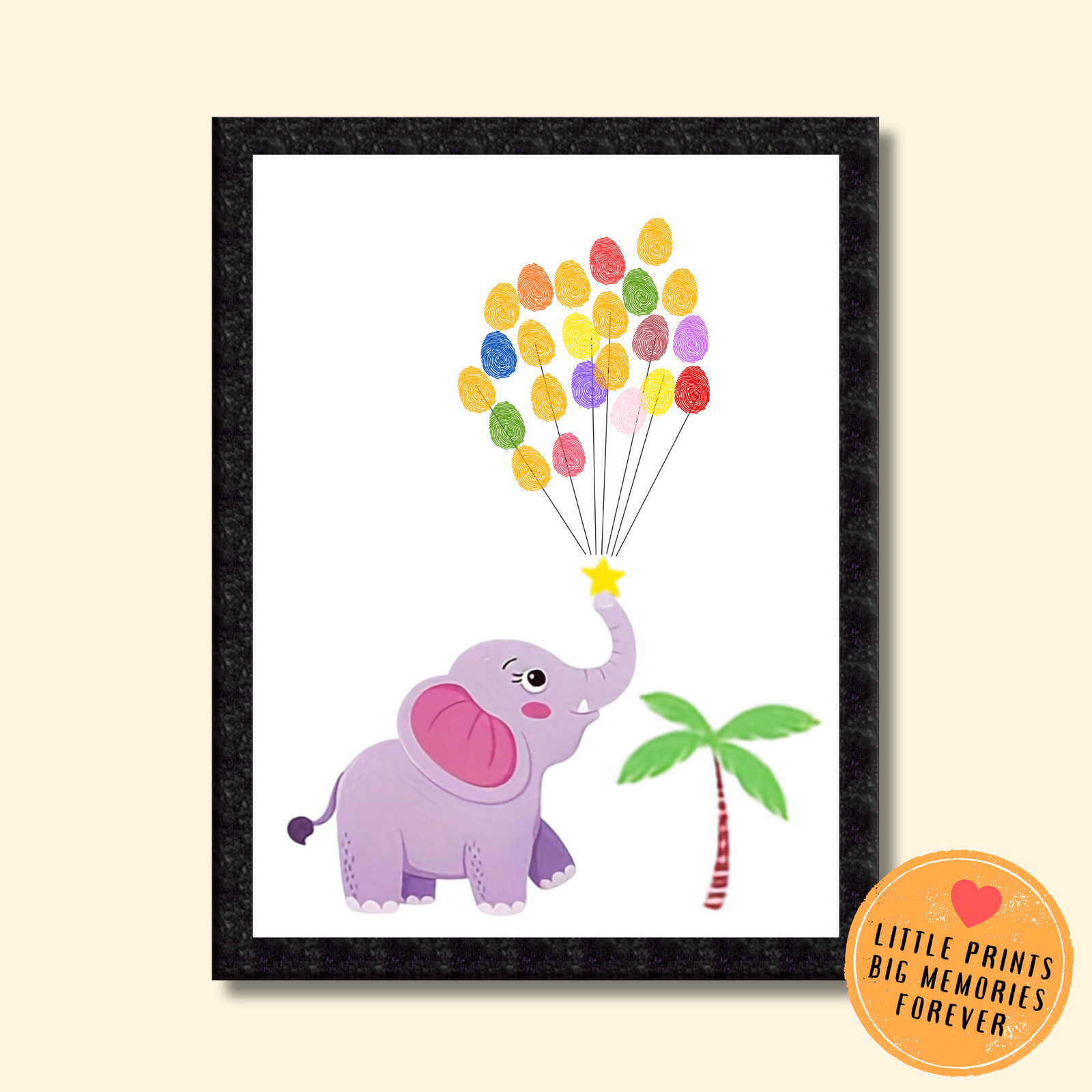 Personalized Jolly Elephant with Balloons Thumbprint Art