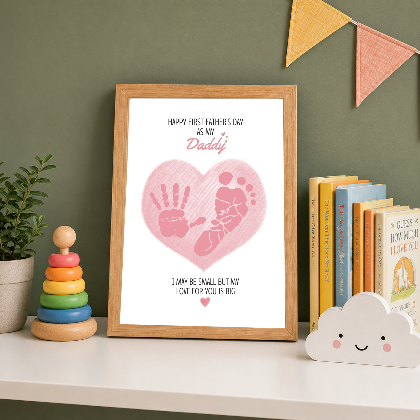 Personalized Pink Heart Dad's Gift Hand & Foot print Art