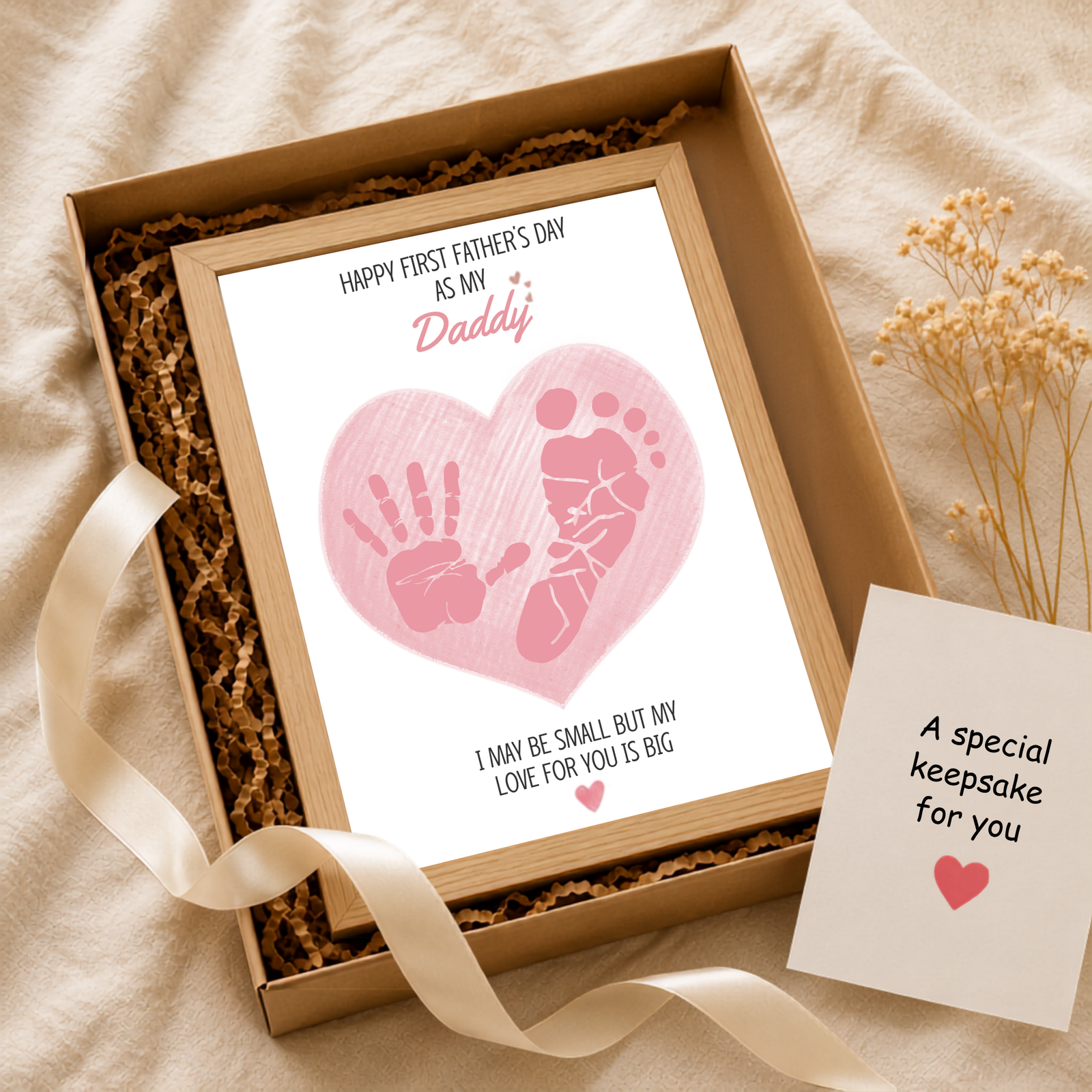 Personalized Pink Heart Dad's Gift Hand & Foot print Art