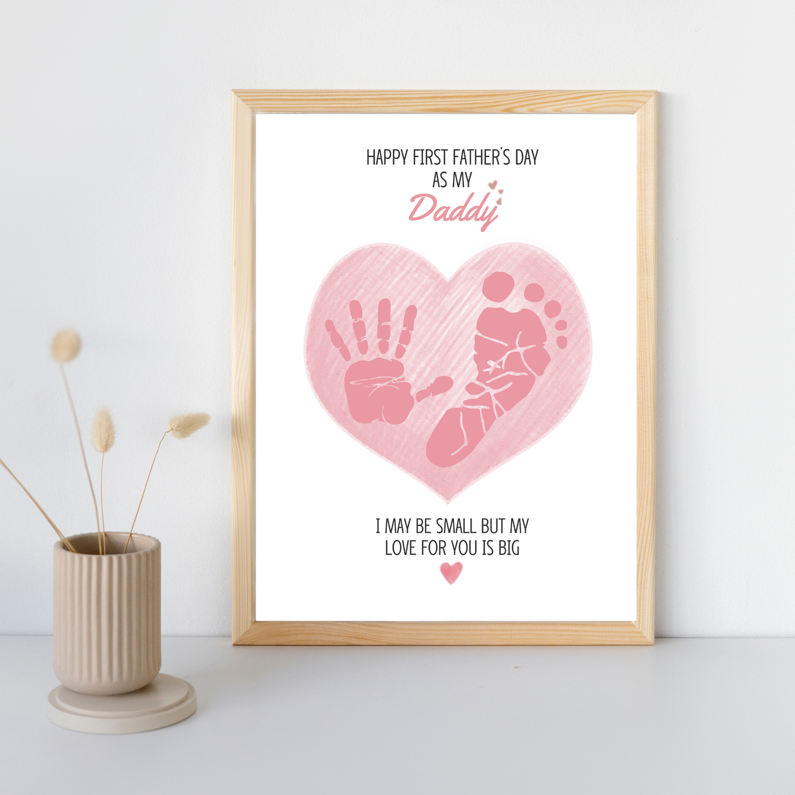 Personalized Pink Heart Dad's Gift Hand & Foot print Art