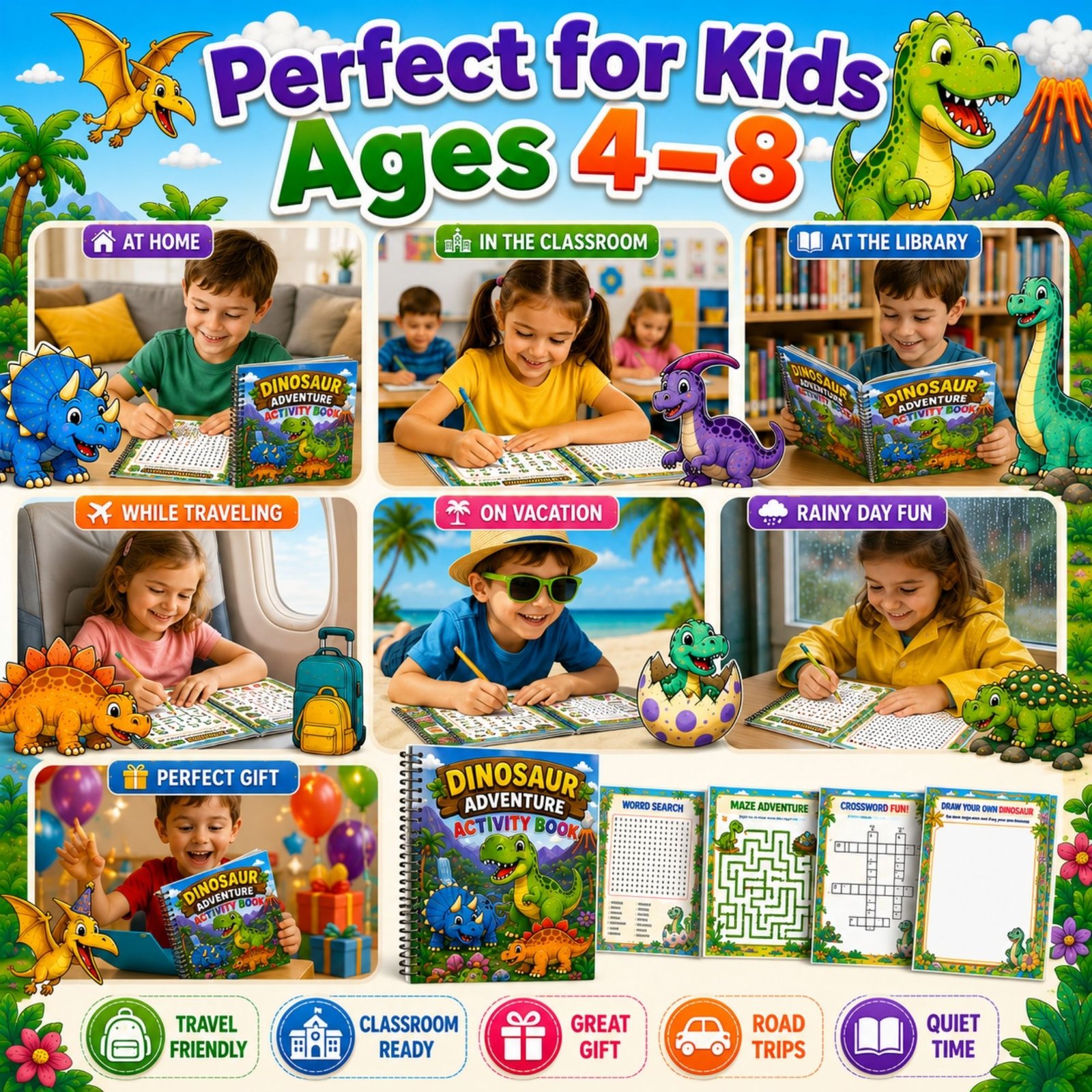 Dinosaur Adventure Activity Book for Kids Ages 4–12