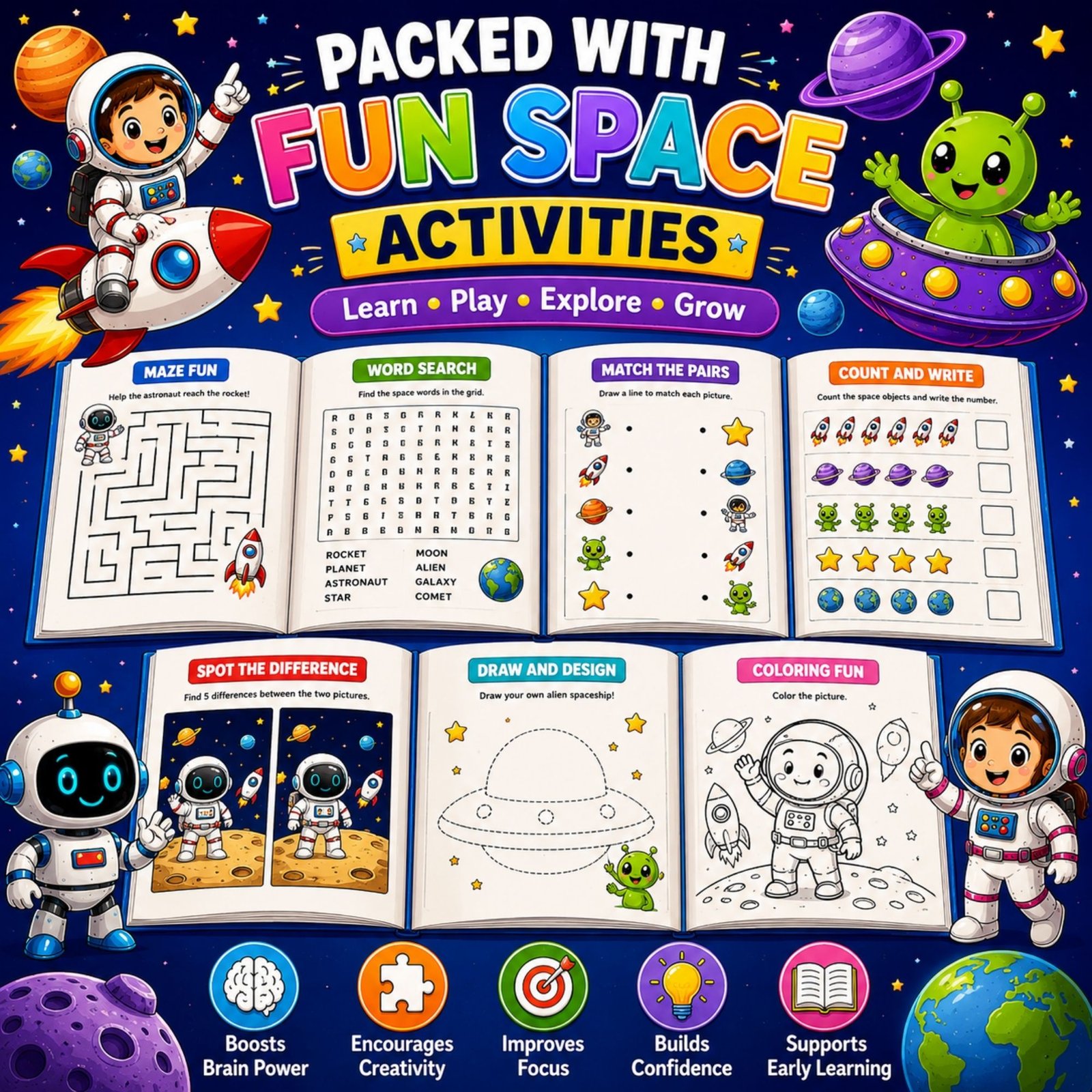 Space Explorer Activity Book for Kids Ages 4–12