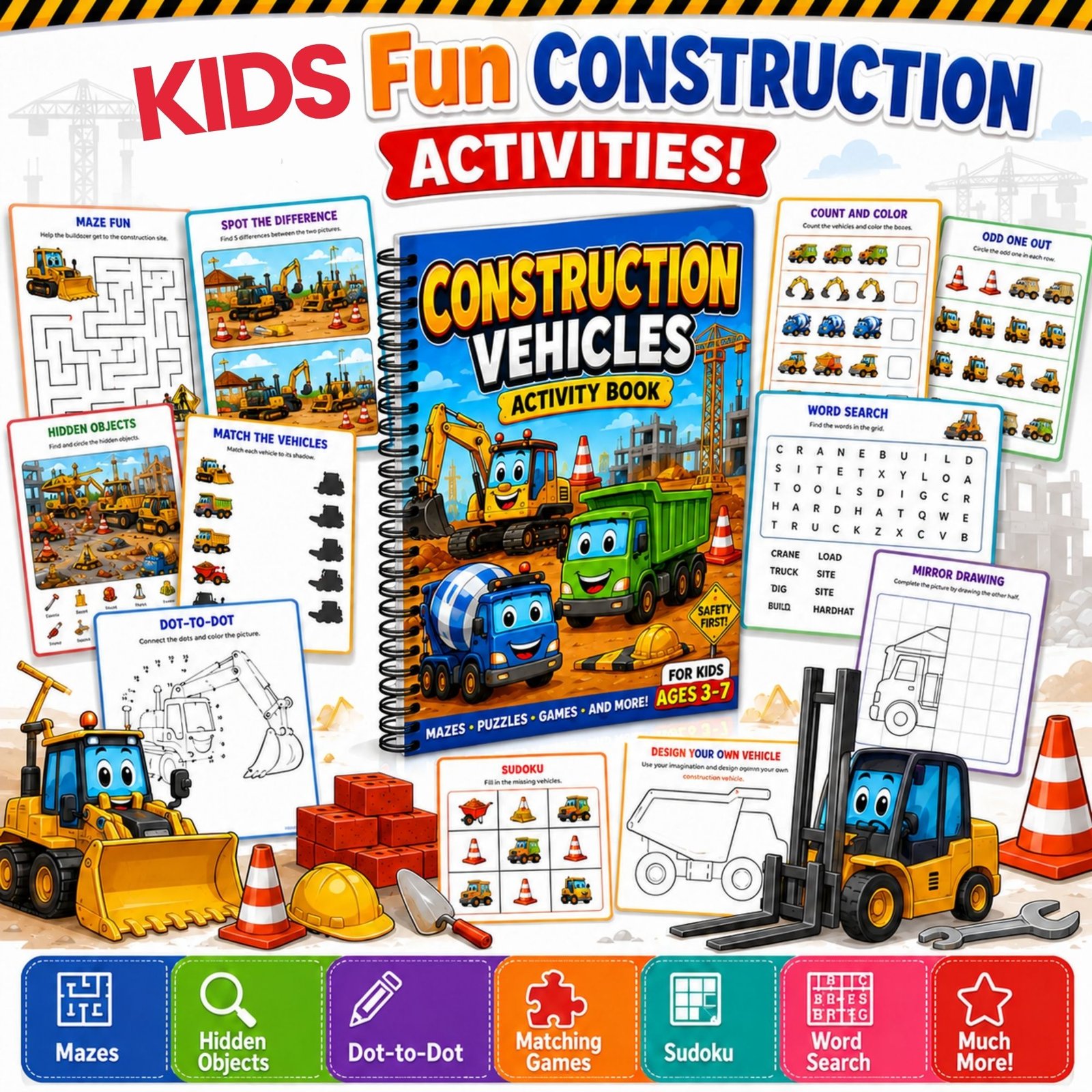 Construction Vehicles Activity Book for Kids Ages 3–12