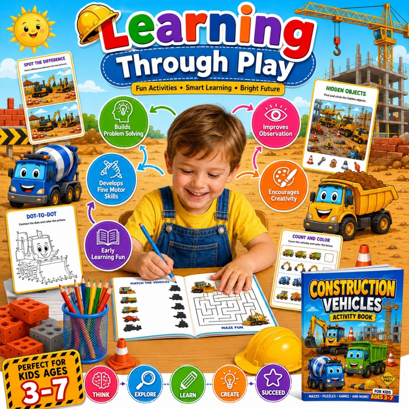 Construction Vehicles Activity Book for Kids Ages 3–12