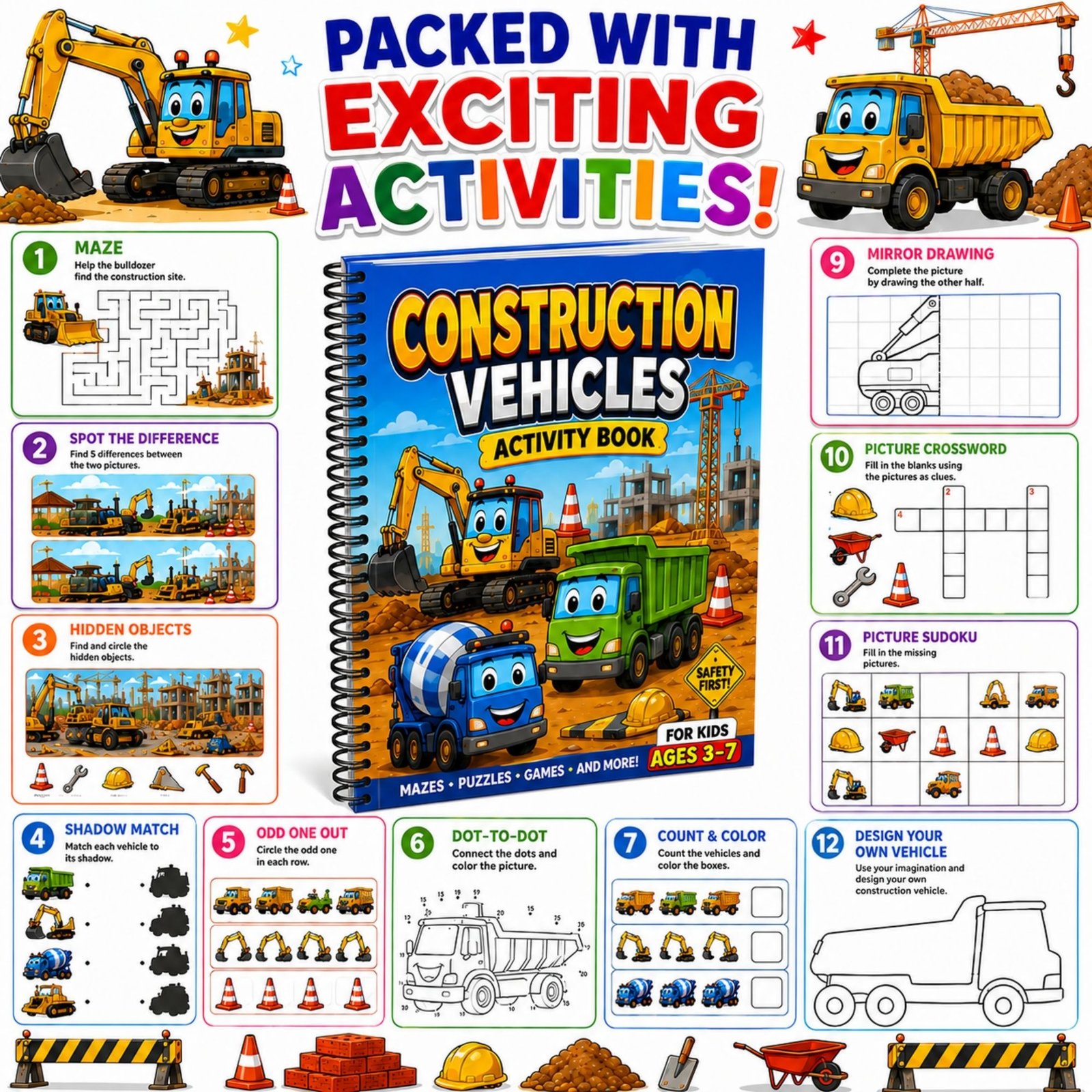 Construction Vehicles Activity Book for Kids Ages 3–12