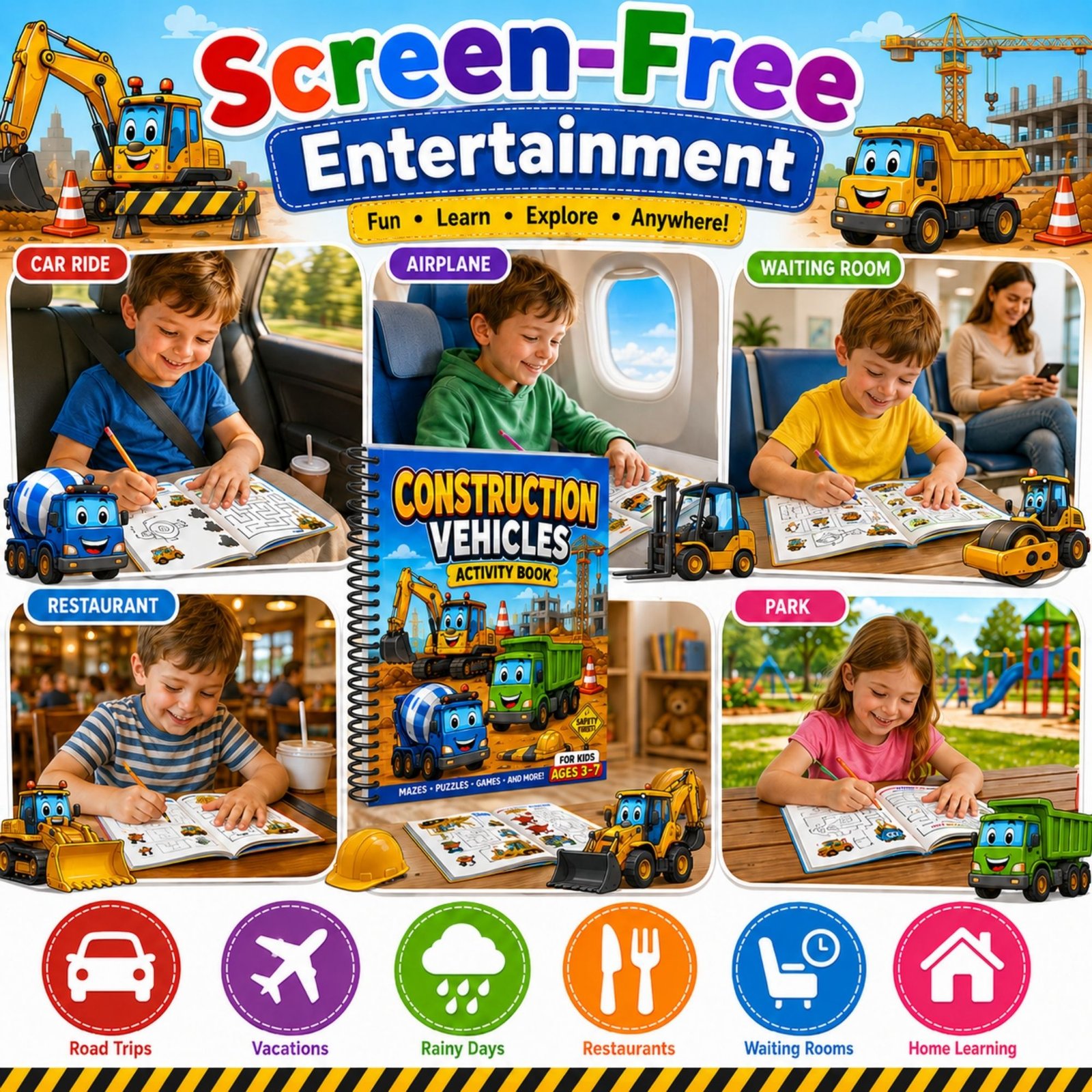 Construction Vehicles Activity Book for Kids Ages 3–12