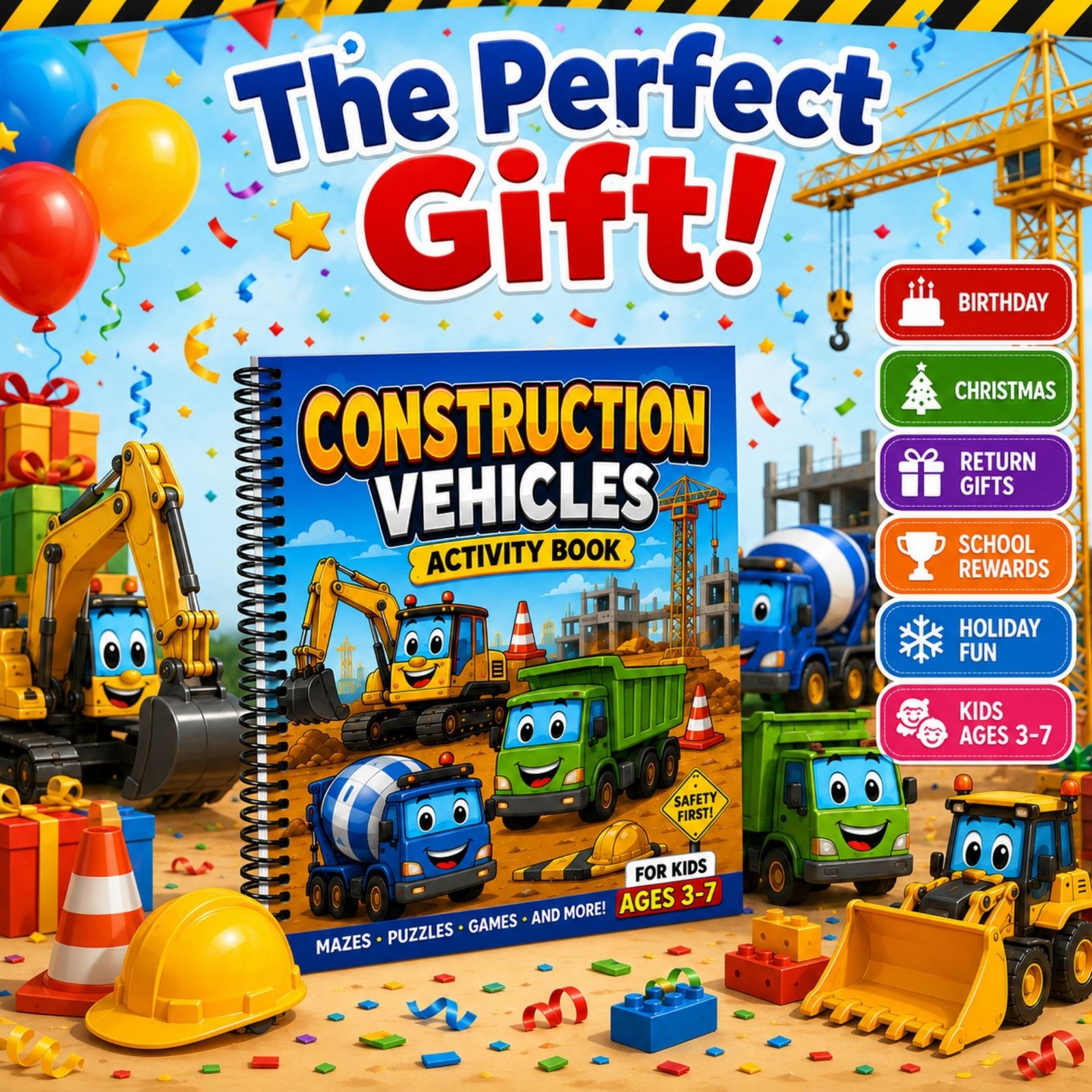 Construction Vehicles Activity Book for Kids Ages 3–12