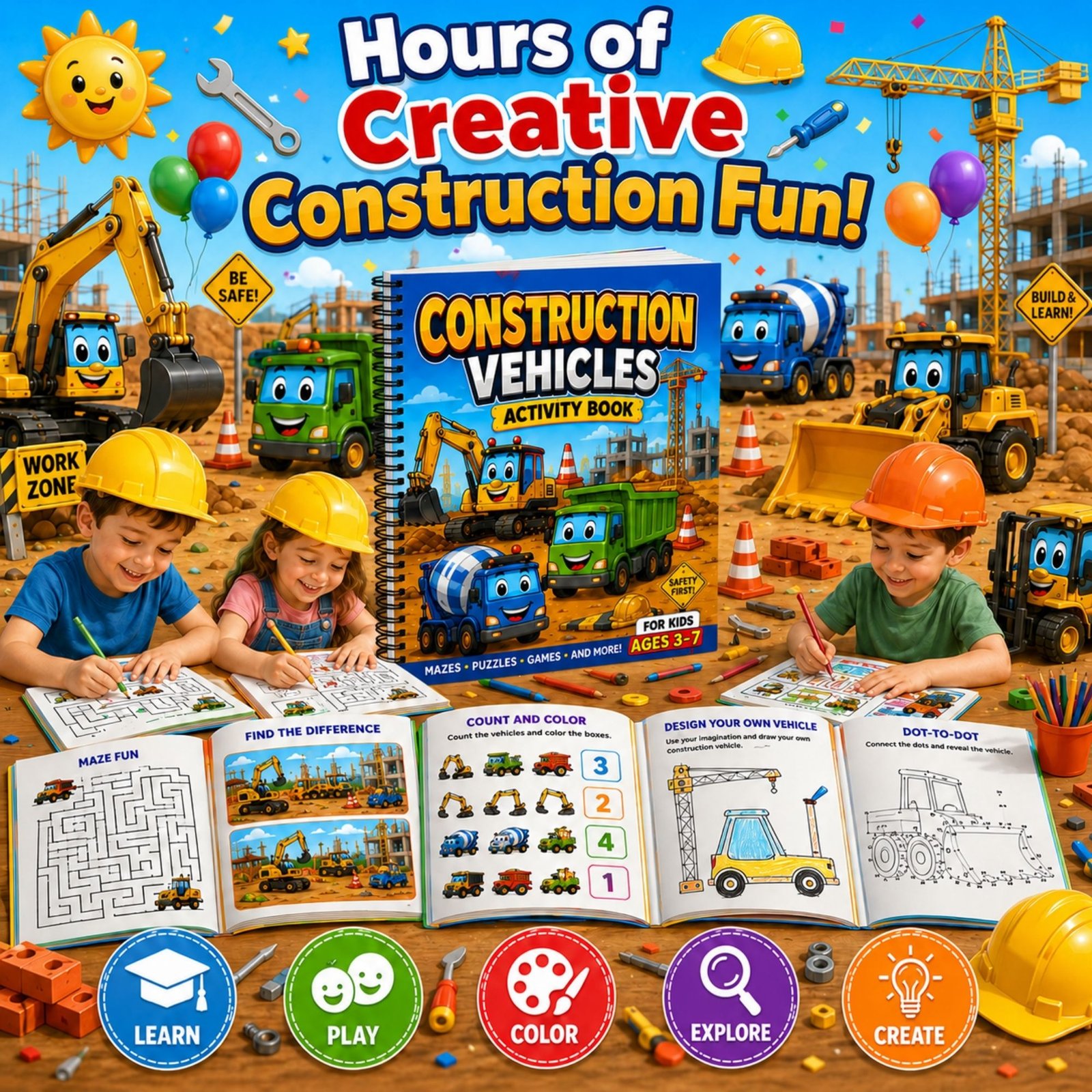 Construction Vehicles Activity Book for Kids Ages 3–12