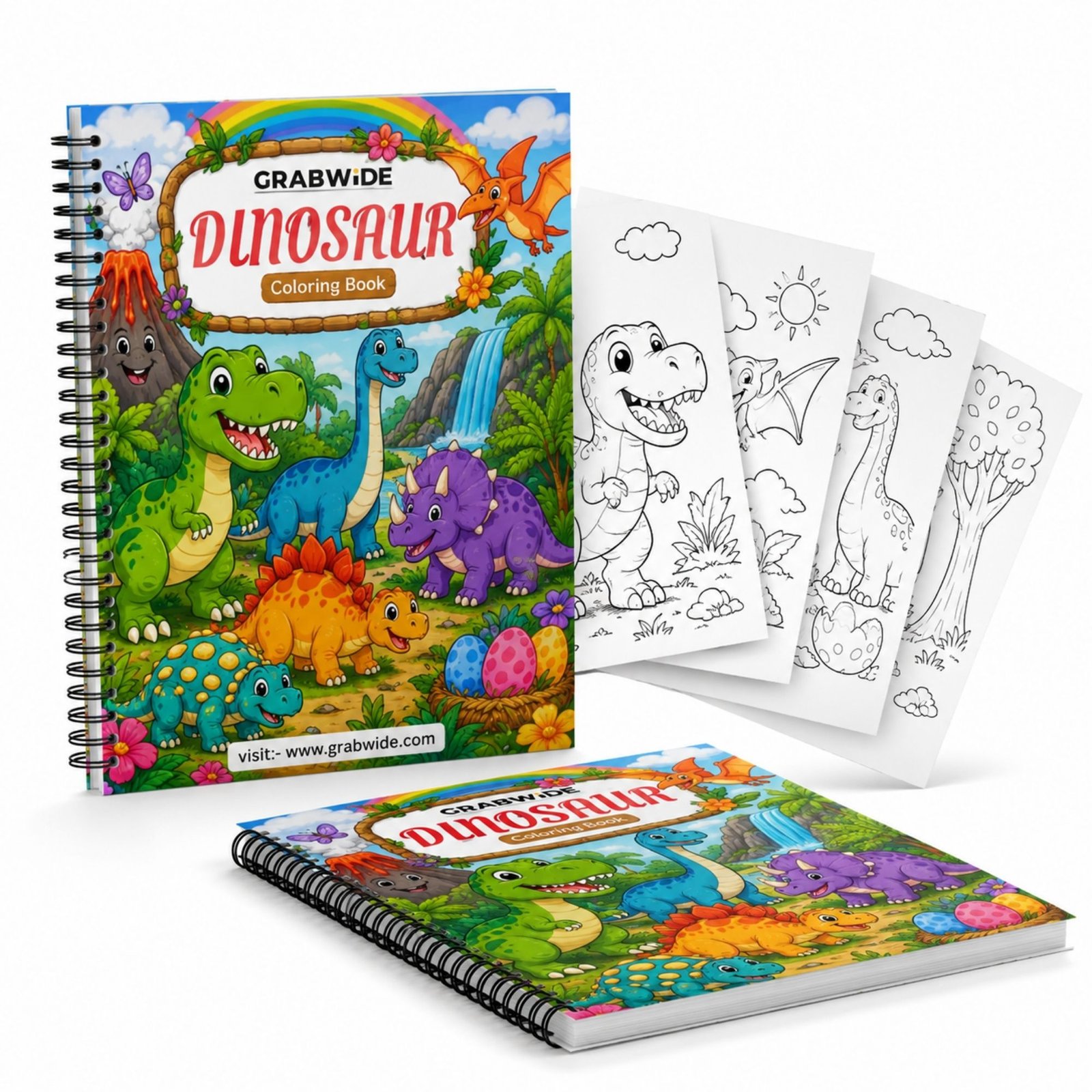 GRABWIDE Dinosaur Coloring Book for Kids Ages 3-6 | 15 Cute Dinosaur Coloring Pages | Side Spiral Bound | Large 8.5 x 11 Inch Activity Book | Fun Educational Gift for Boys & Girls