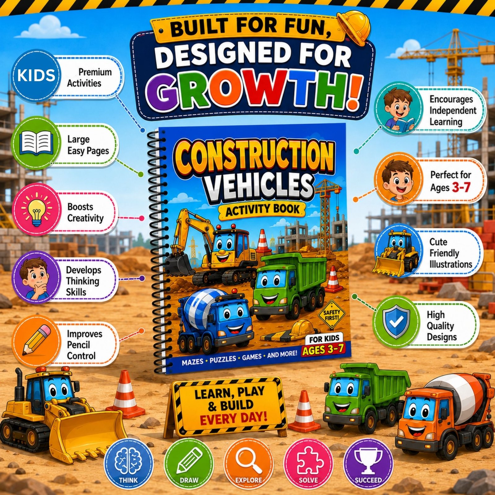 Construction Vehicles Activity Book for Kids Ages 3–12