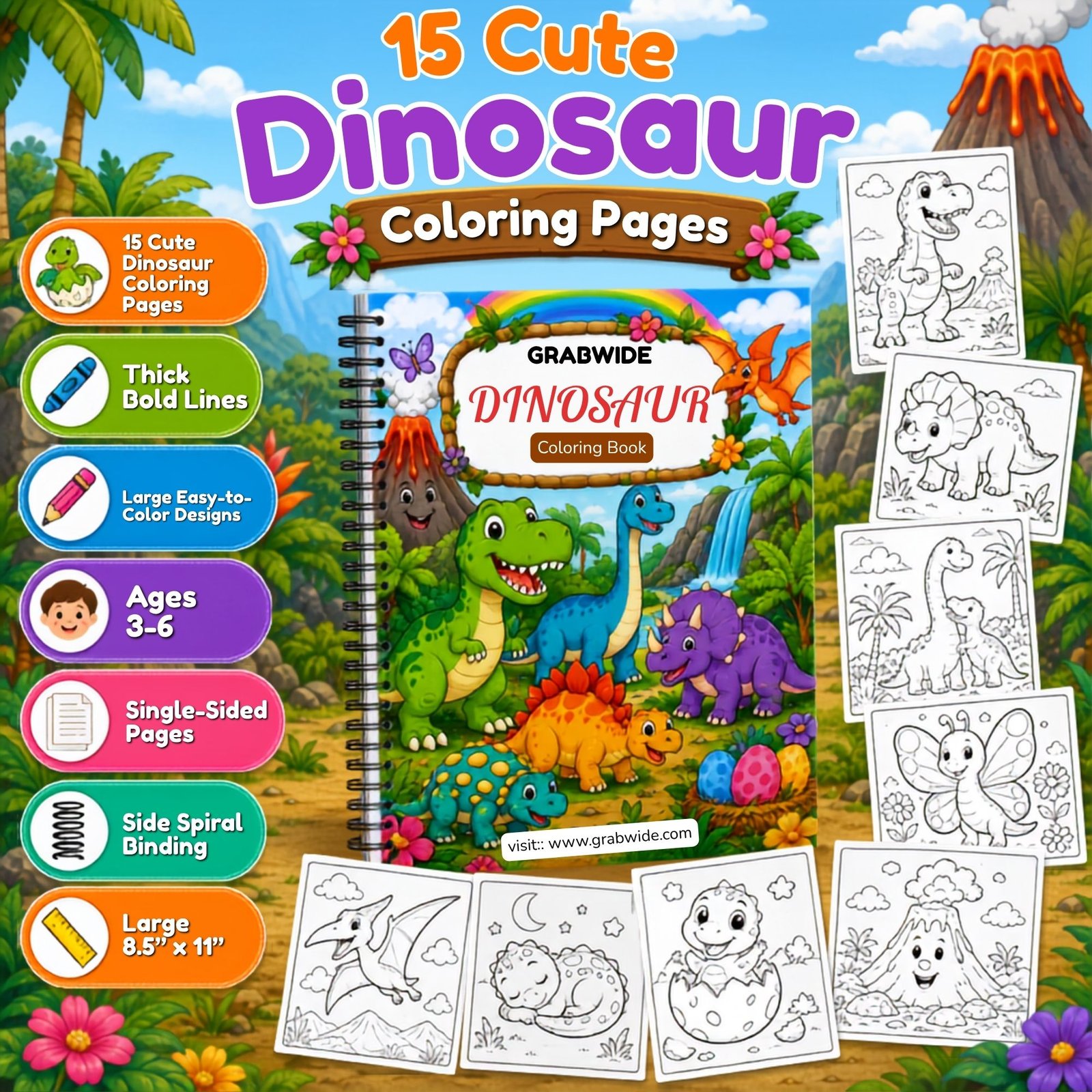 GRABWIDE Dinosaur Coloring Book for Kids Ages 3-6 | 15 Cute Dinosaur Coloring Pages | Side Spiral Bound | Large 8.5 x 11 Inch Activity Book | Fun Educational Gift for Boys & Girls