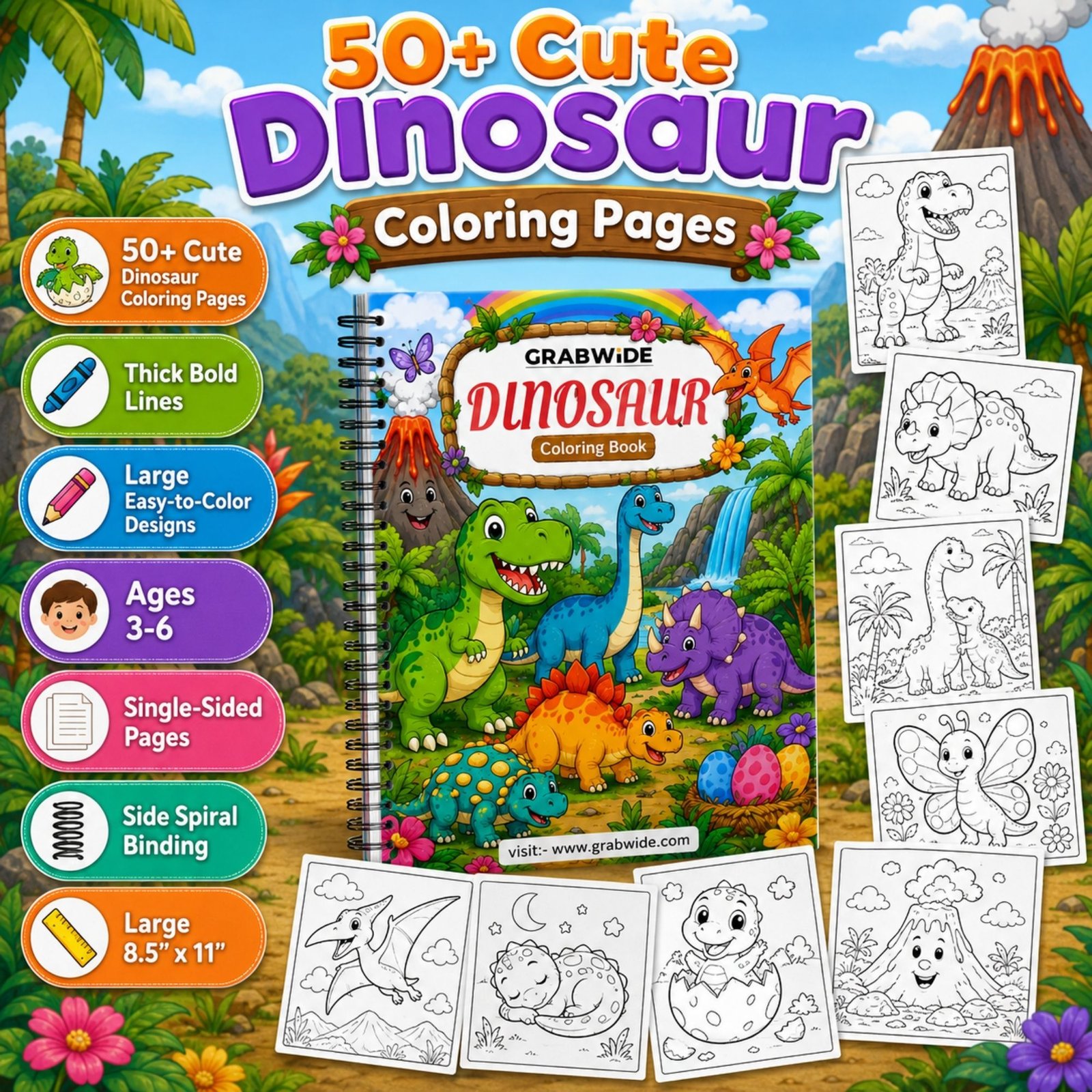 GRABWIDE Dinosaur Coloring Book for Kids Ages 3-6 | 15 Cute Dinosaur Coloring Pages | Side Spiral Bound | Large 8.5 x 11 Inch Activity Book | Fun Educational Gift for Boys & Girls