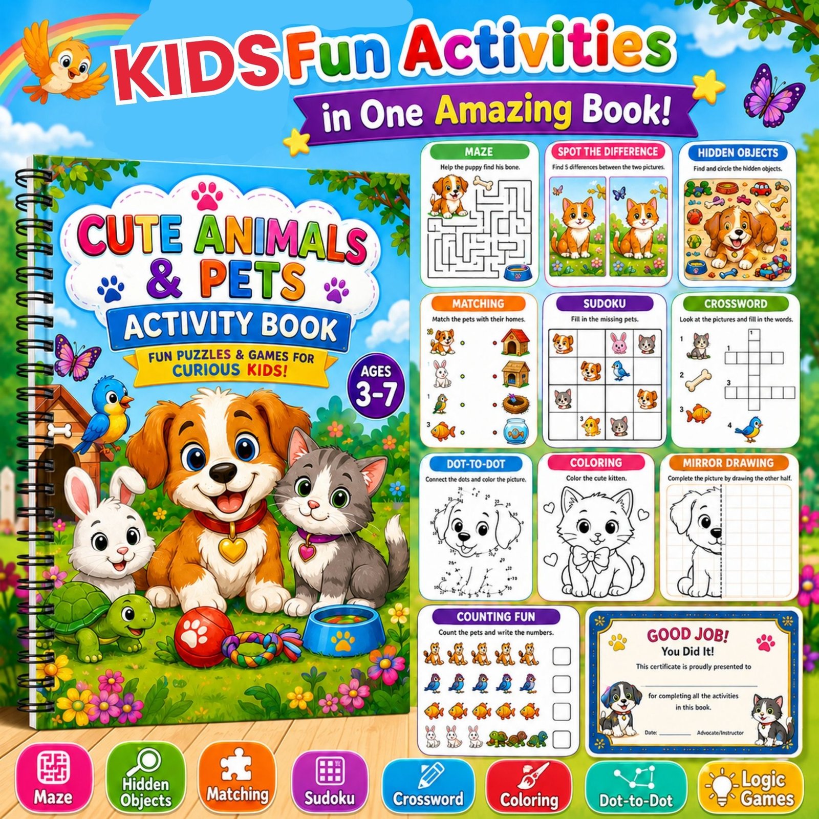 Cute Animals & Pets Activity Book for Kids Ages 3–12