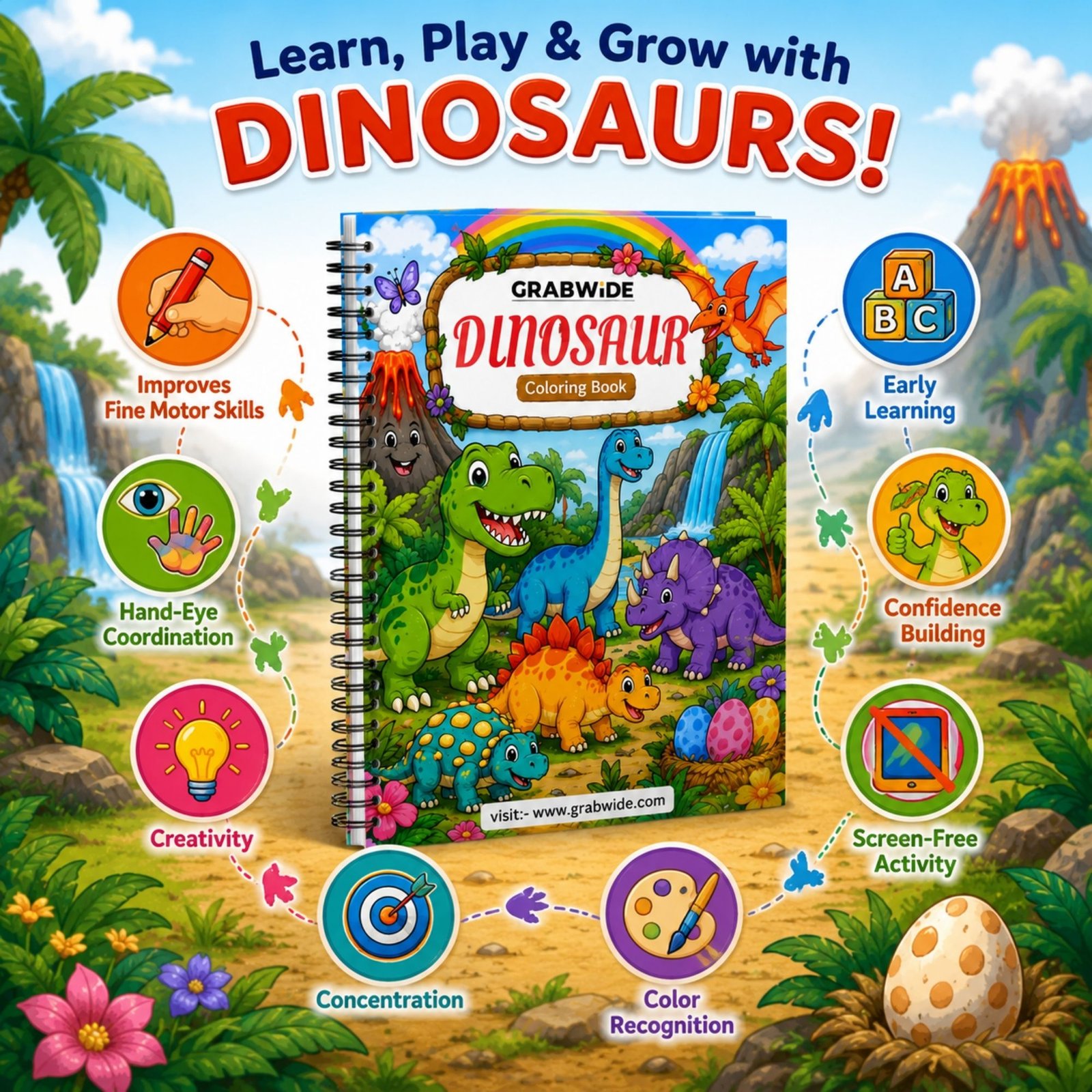 GRABWIDE Dinosaur Coloring Book for Kids Ages 3-6 | 15 Cute Dinosaur Coloring Pages | Side Spiral Bound | Large 8.5 x 11 Inch Activity Book | Fun Educational Gift for Boys & Girls