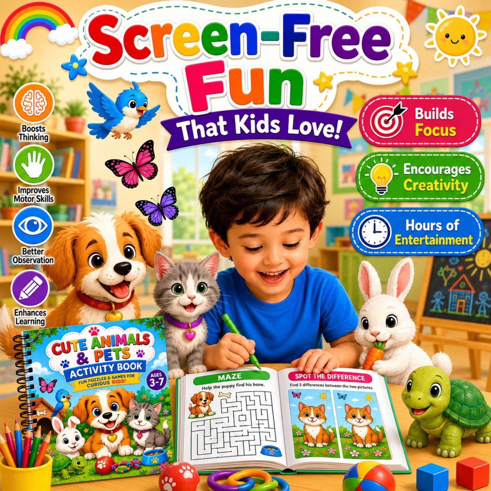 Cute Animals & Pets Activity Book for Kids Ages 3–12