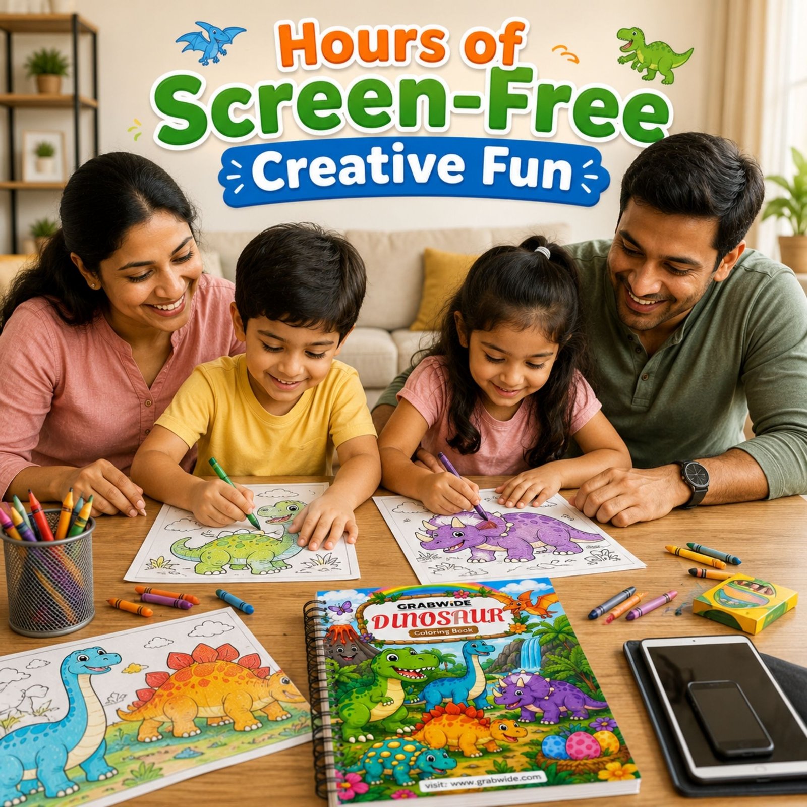 GRABWIDE Dinosaur Coloring Book for Kids Ages 3-6 | 15 Cute Dinosaur Coloring Pages | Side Spiral Bound | Large 8.5 x 11 Inch Activity Book | Fun Educational Gift for Boys & Girls