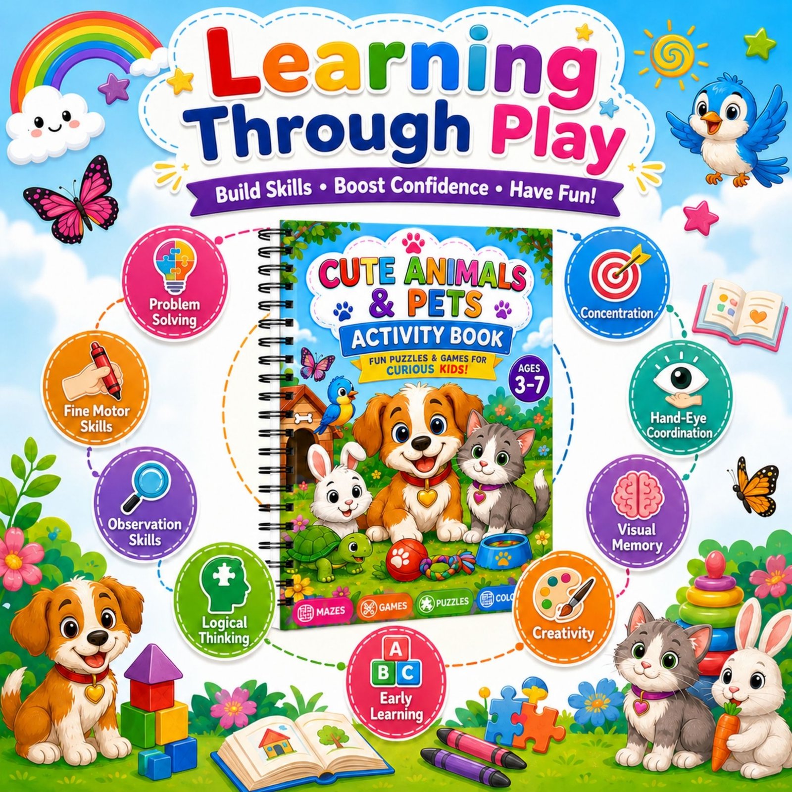 Cute Animals & Pets Activity Book for Kids Ages 3–12