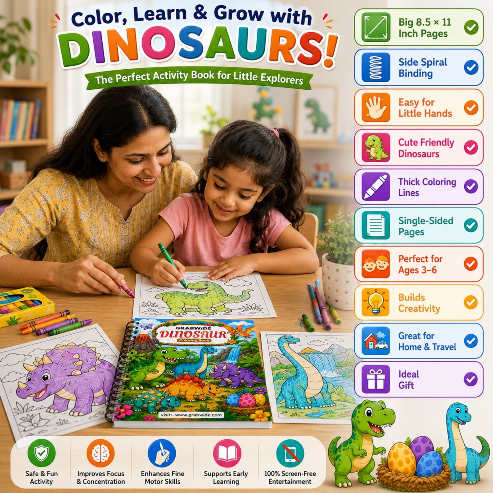 GRABWIDE Dinosaur Coloring Book for Kids Ages 3-6 | 15 Cute Dinosaur Coloring Pages | Side Spiral Bound | Large 8.5 x 11 Inch Activity Book | Fun Educational Gift for Boys & Girls