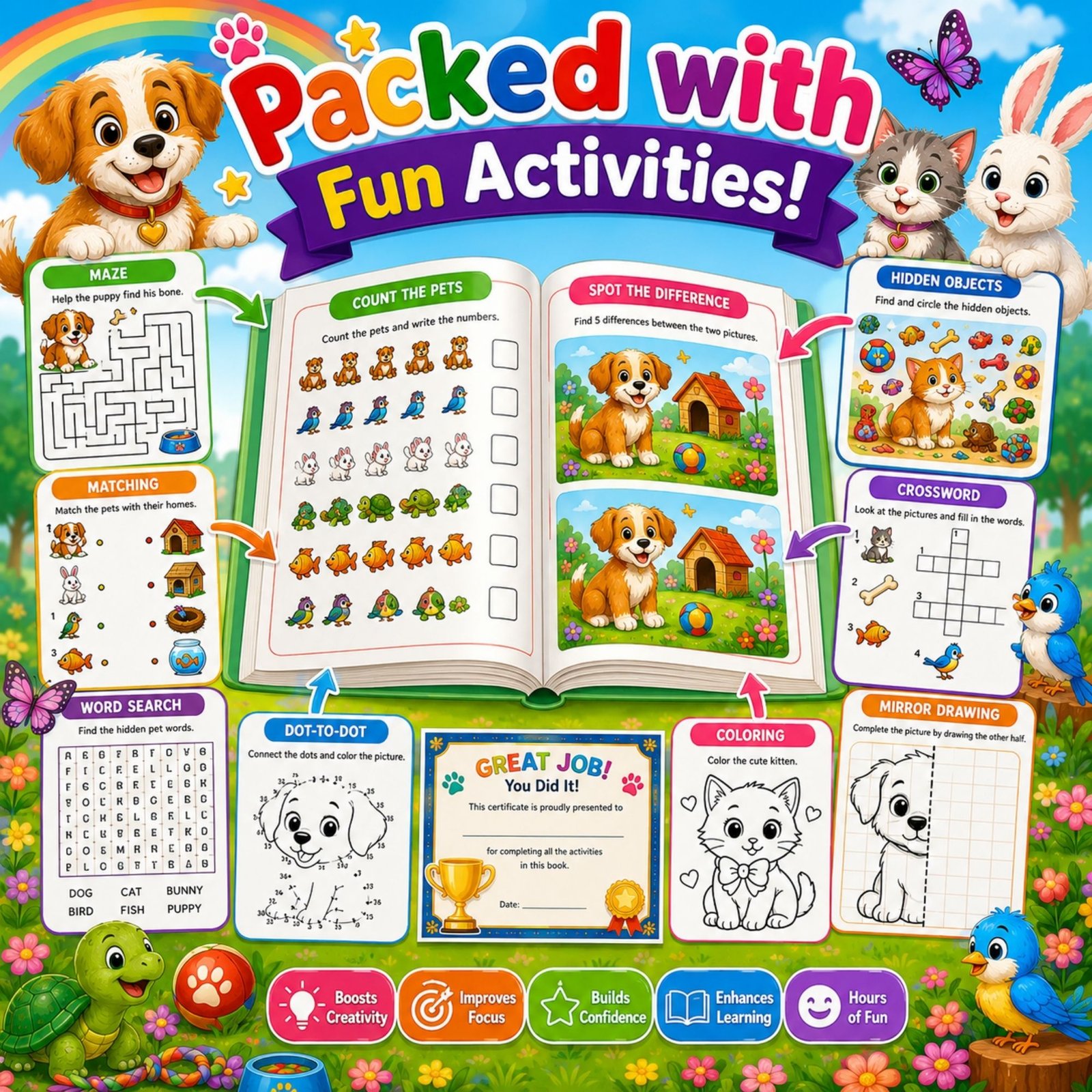 Cute Animals & Pets Activity Book for Kids Ages 3–12