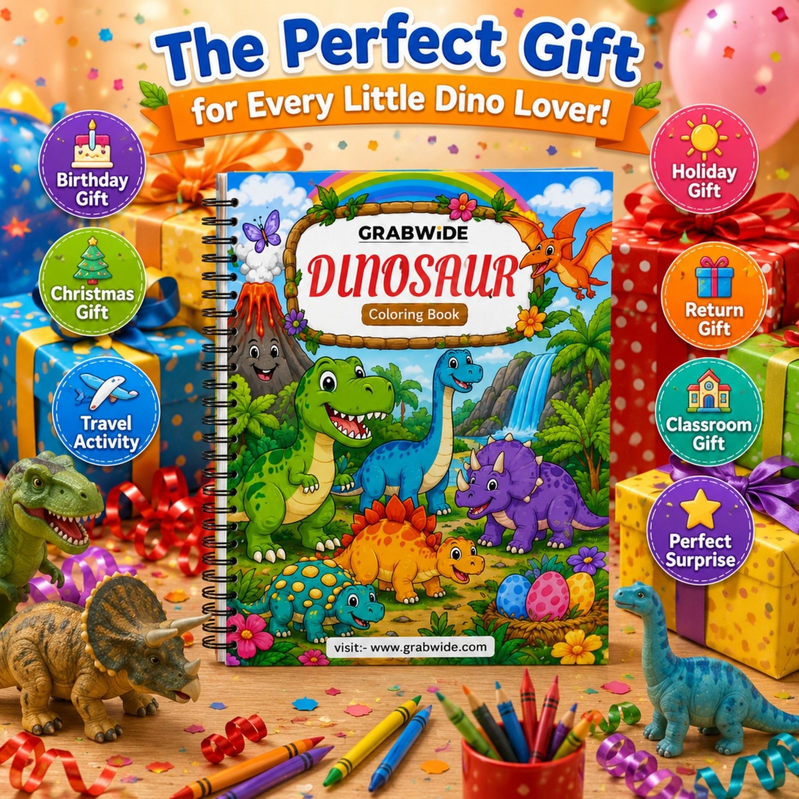 GRABWIDE Dinosaur Coloring Book for Kids Ages 3-6 | 15 Cute Dinosaur Coloring Pages | Side Spiral Bound | Large 8.5 x 11 Inch Activity Book | Fun Educational Gift for Boys & Girls