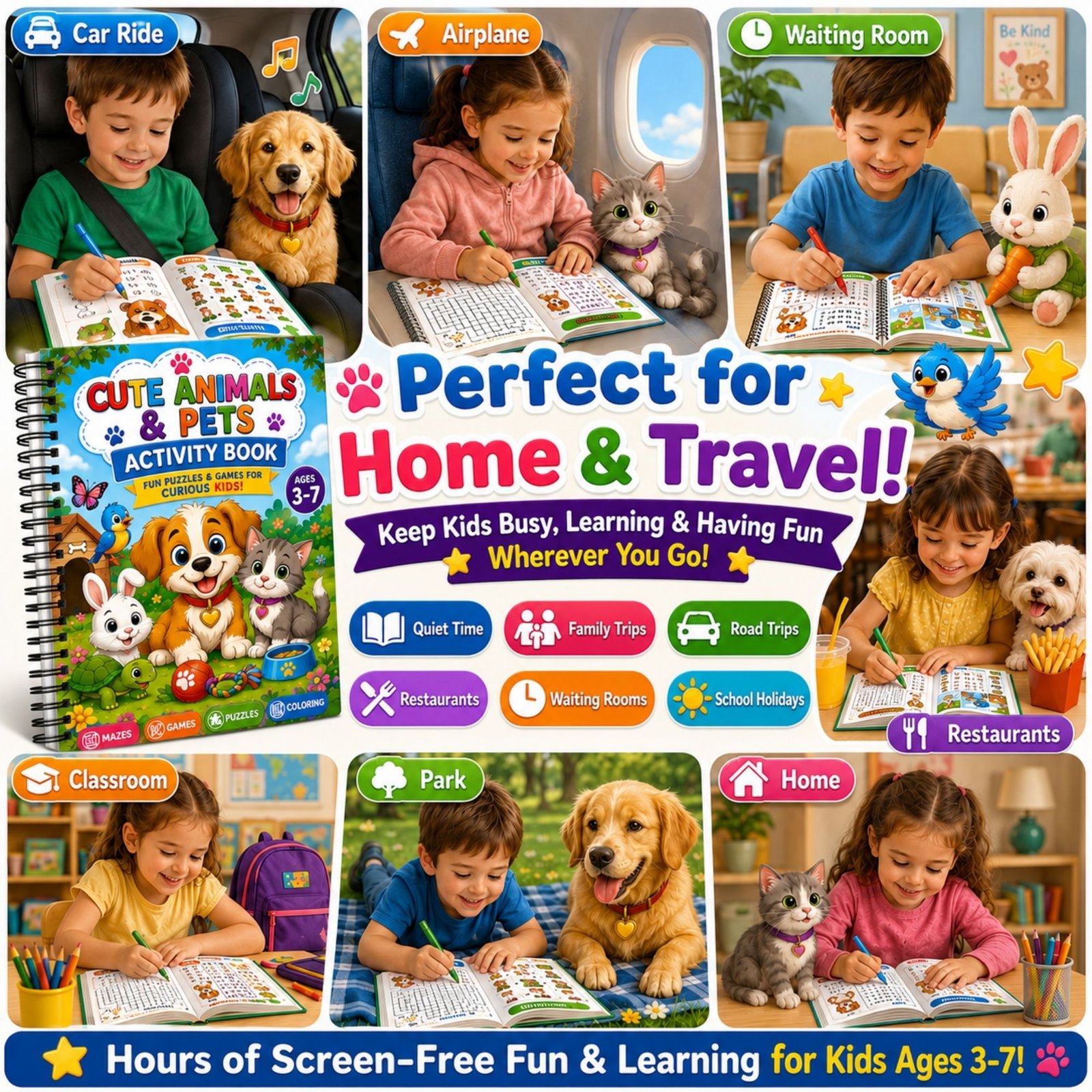 Cute Animals & Pets Activity Book for Kids Ages 3–12