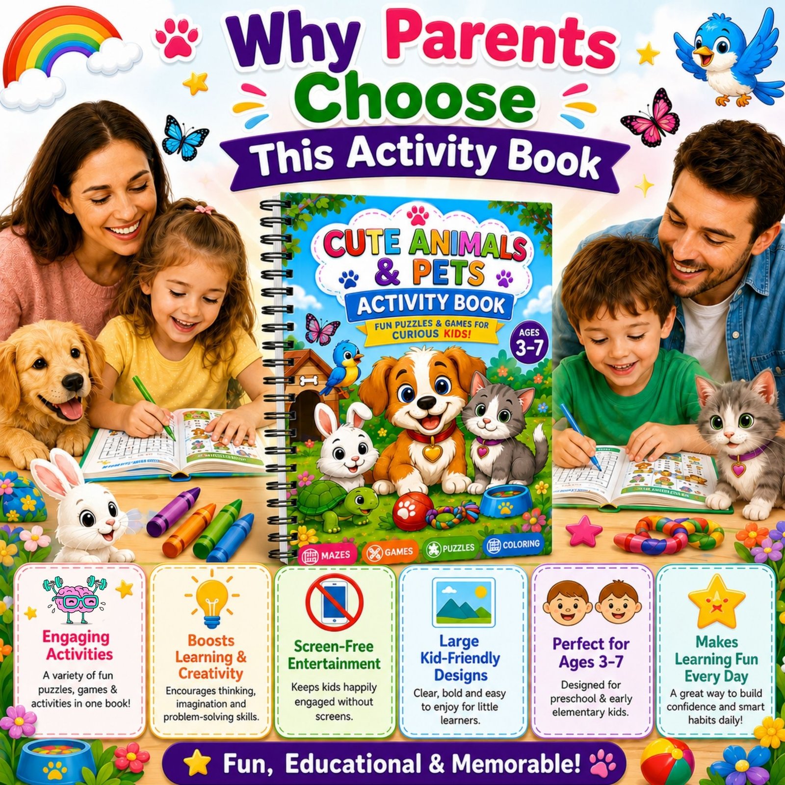 Cute Animals & Pets Activity Book for Kids Ages 3–12