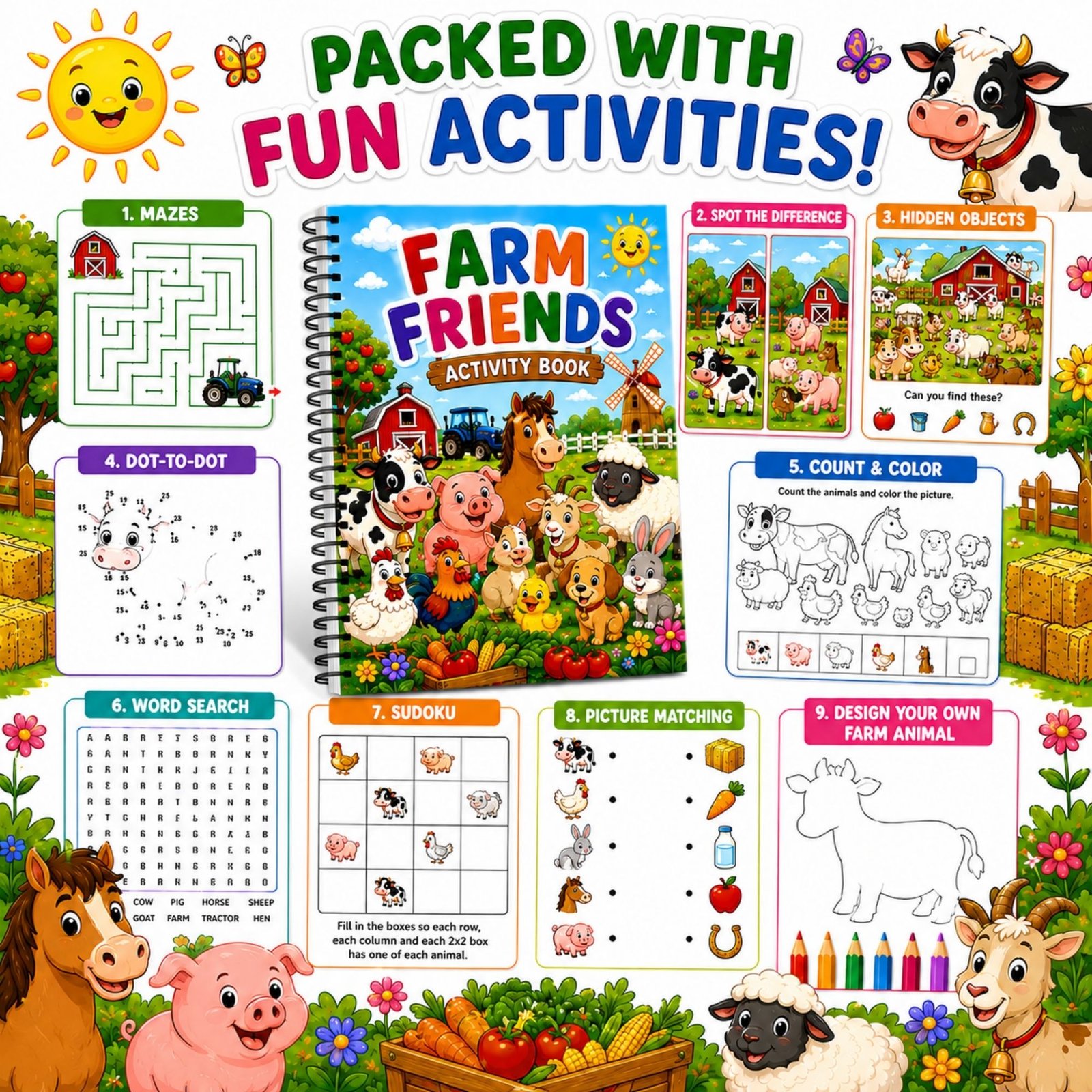 Farm Friends Activity Book for Kids Ages 3–12