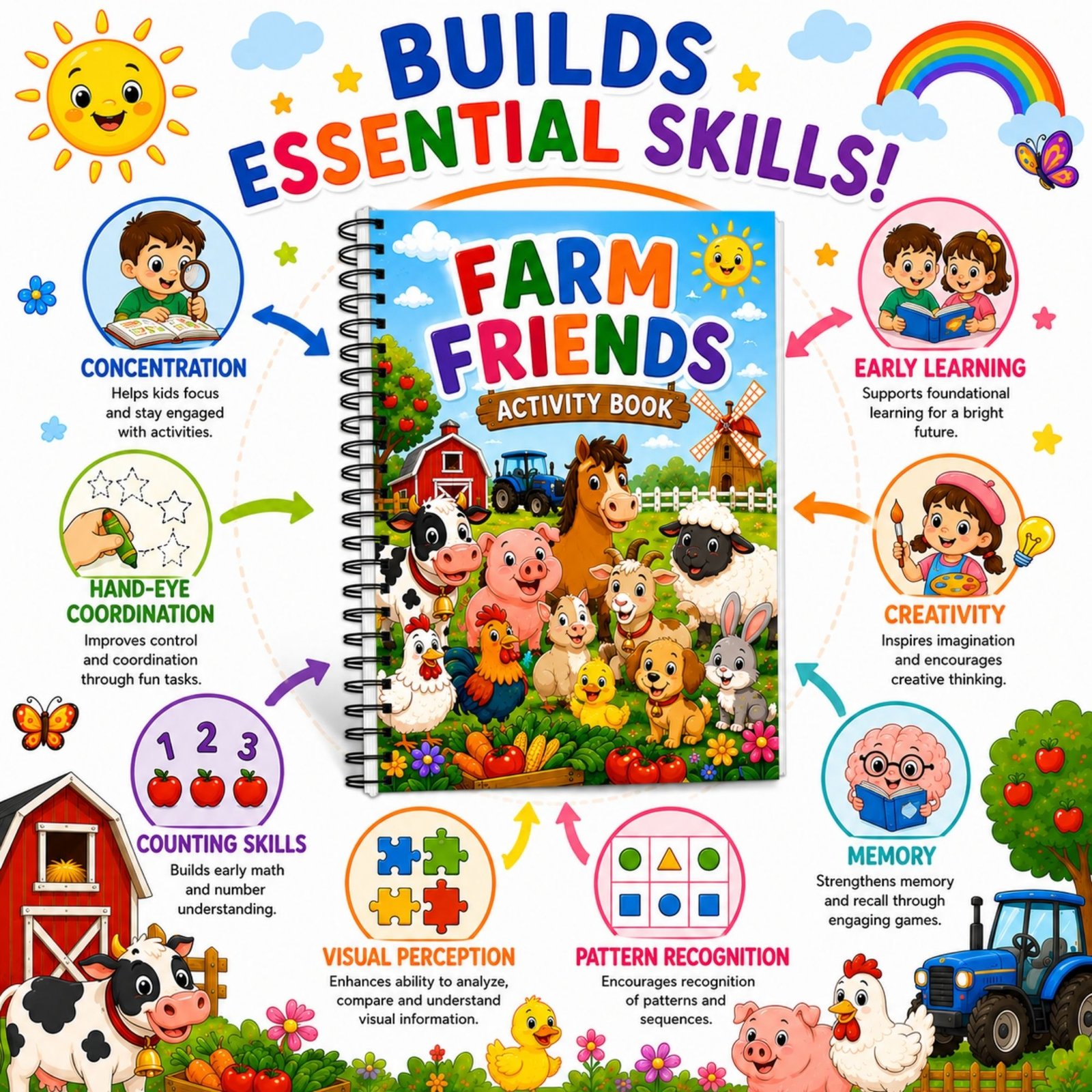 Farm Friends Activity Book for Kids Ages 3–12