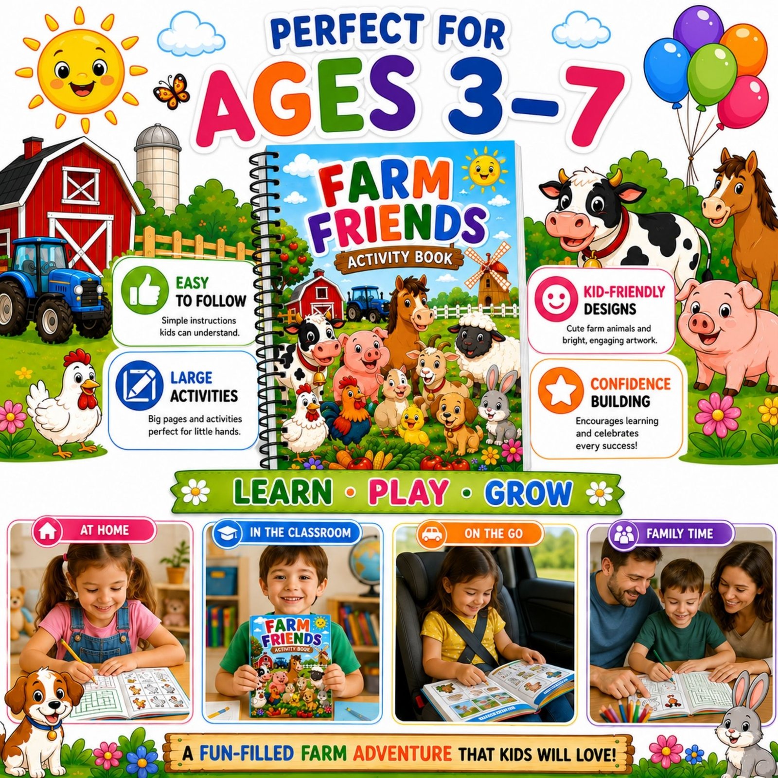 Farm Friends Activity Book for Kids Ages 3–12