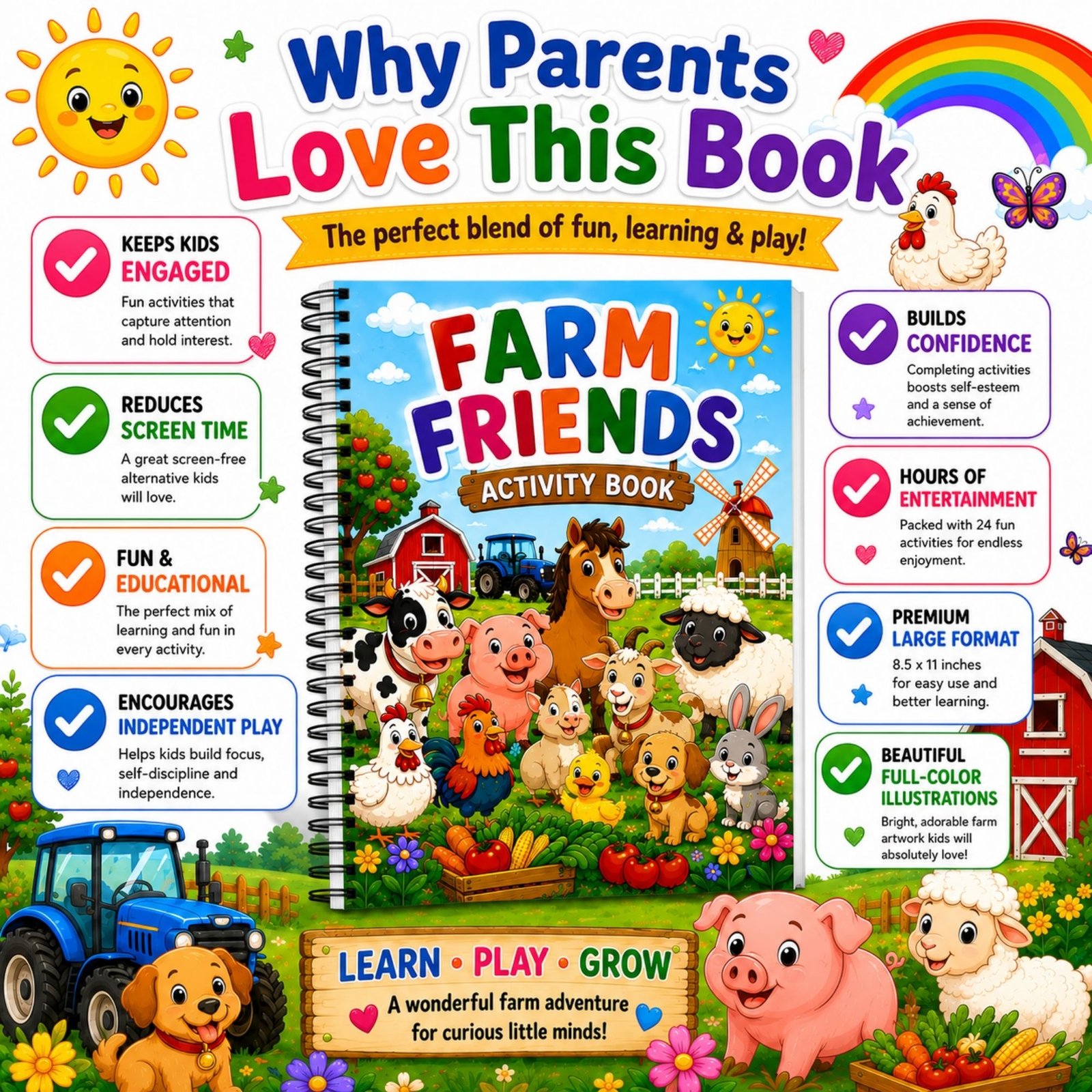 Farm Friends Activity Book for Kids Ages 3–12