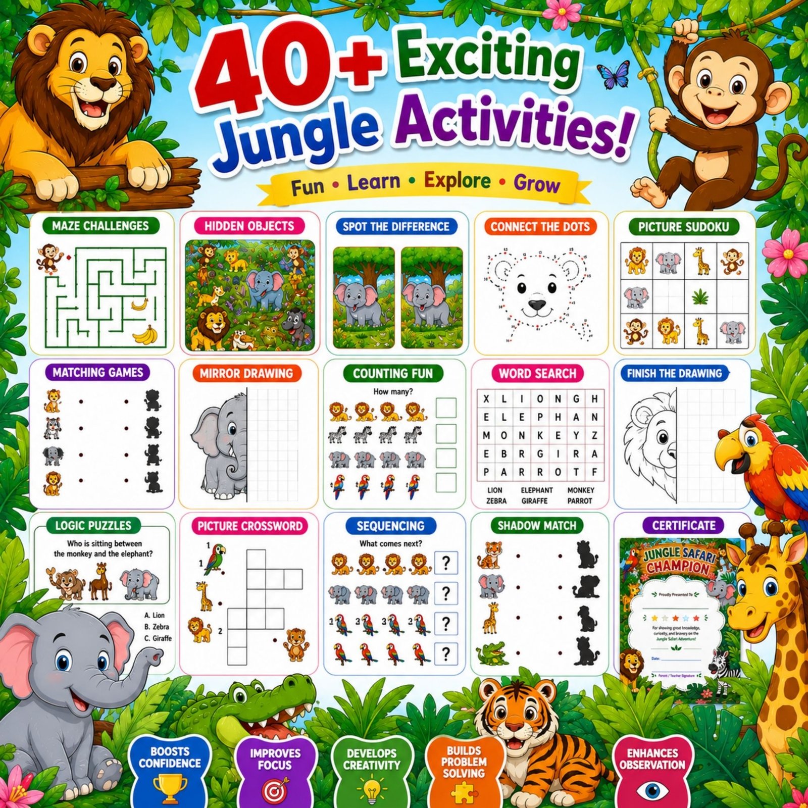 Jungle Safari Activity Book for Kids Ages 4–12