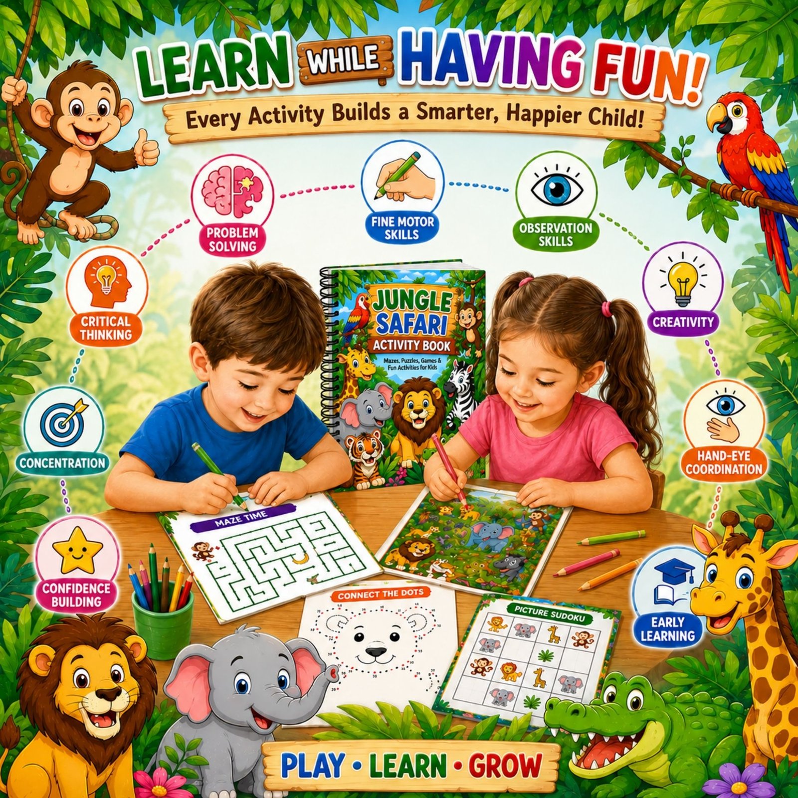 Jungle Safari Activity Book for Kids Ages 4–12