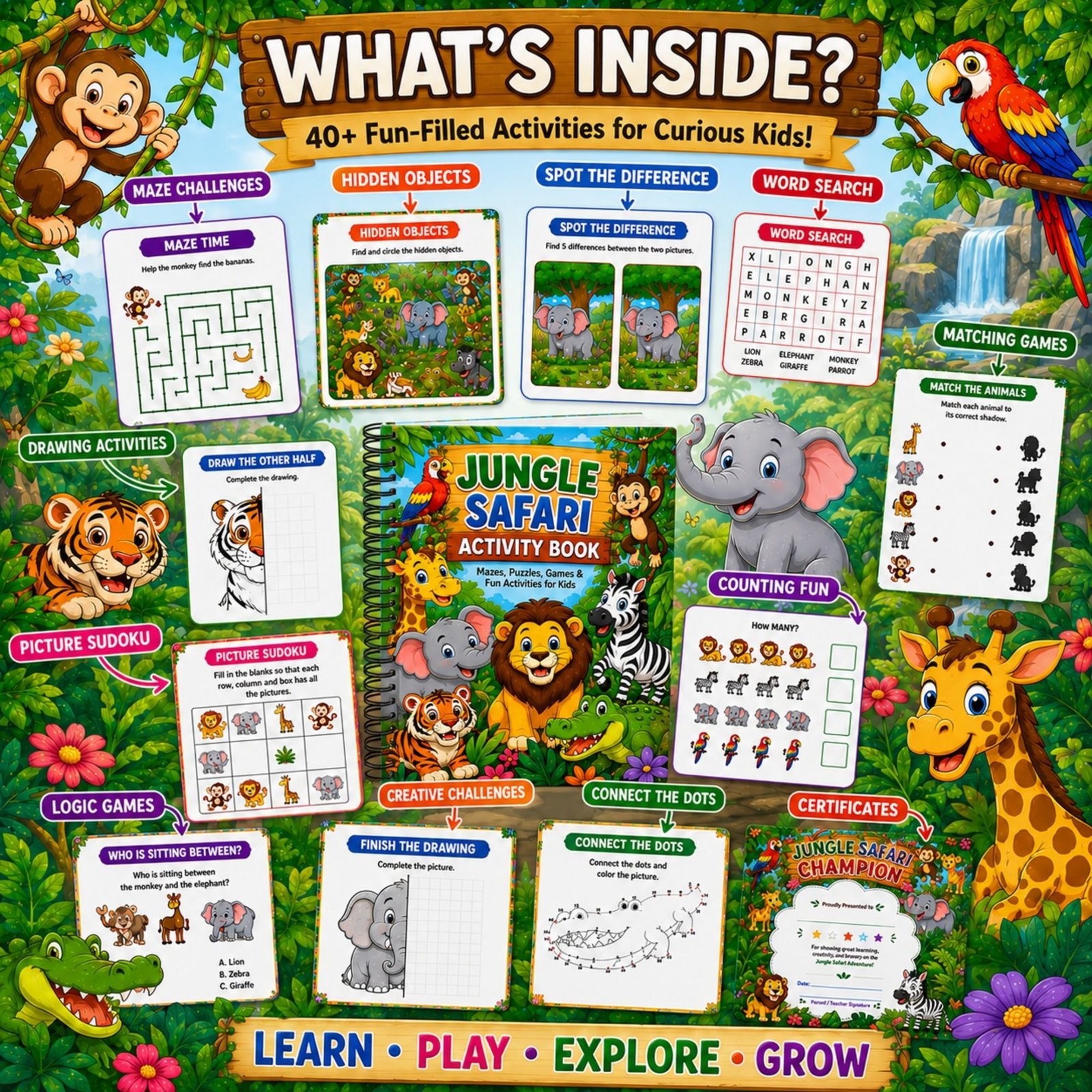 Jungle Safari Activity Book for Kids Ages 4–12