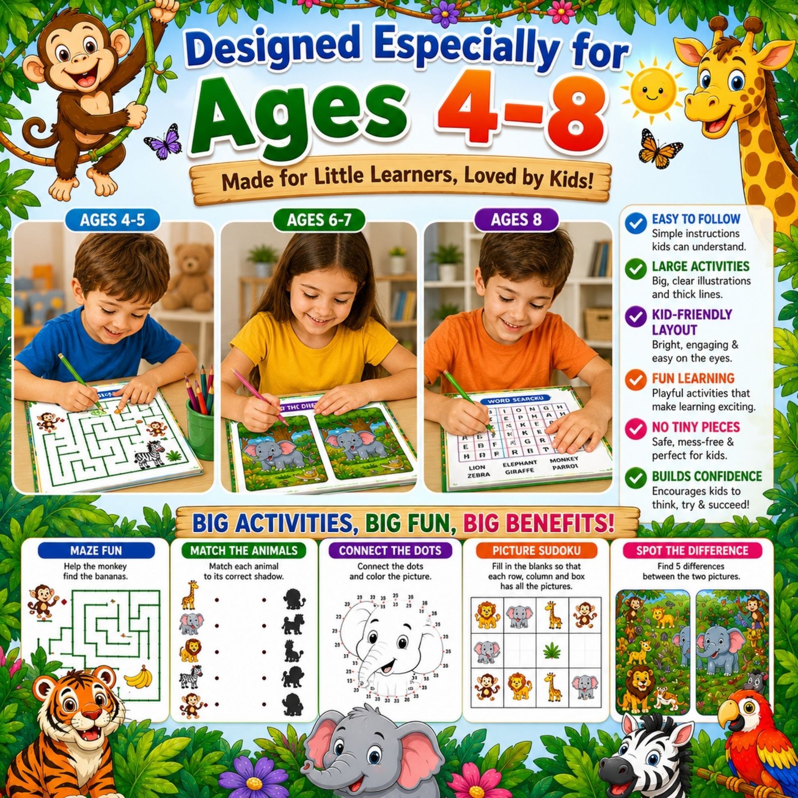 Jungle Safari Activity Book for Kids Ages 4–12